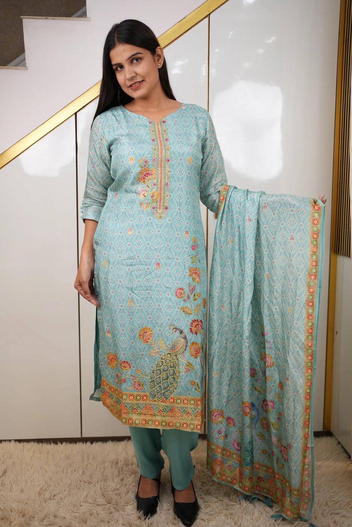 Elegant Aqua Blue Banarasi Fabric 3-Piece Suit Set with Zardozi Handwork, Peacock Motifs & Floral Embroidery