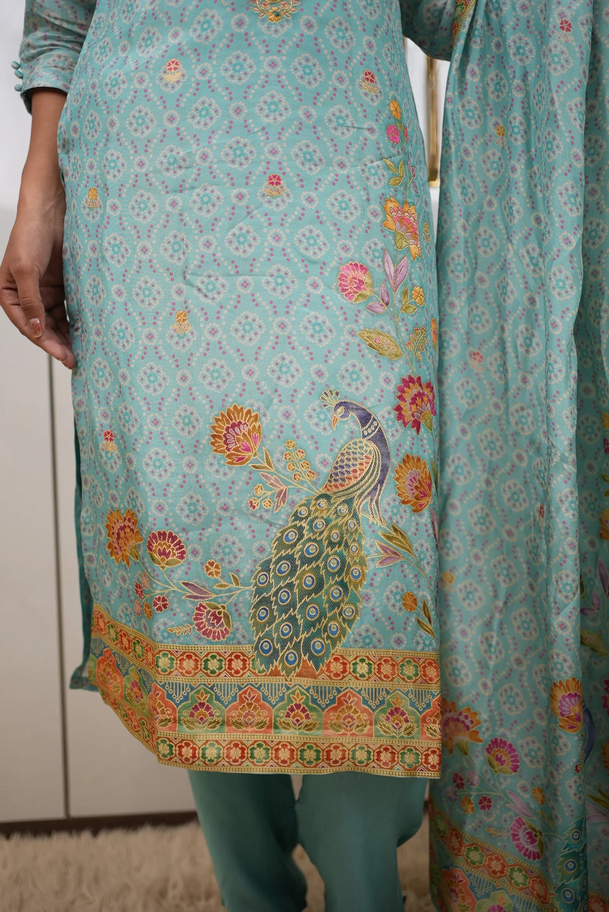 Elegant Aqua Blue Banarasi Fabric 3-Piece Suit Set with Zardozi Handwork, Peacock Motifs & Floral Embroidery
