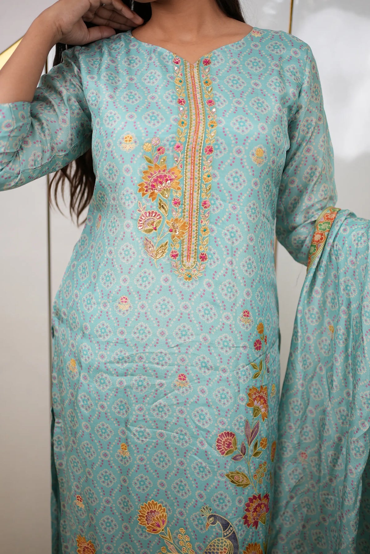 Elegant Aqua Blue Banarasi Fabric 3-Piece Suit Set with Zardozi Handwork, Peacock Motifs & Floral Embroidery