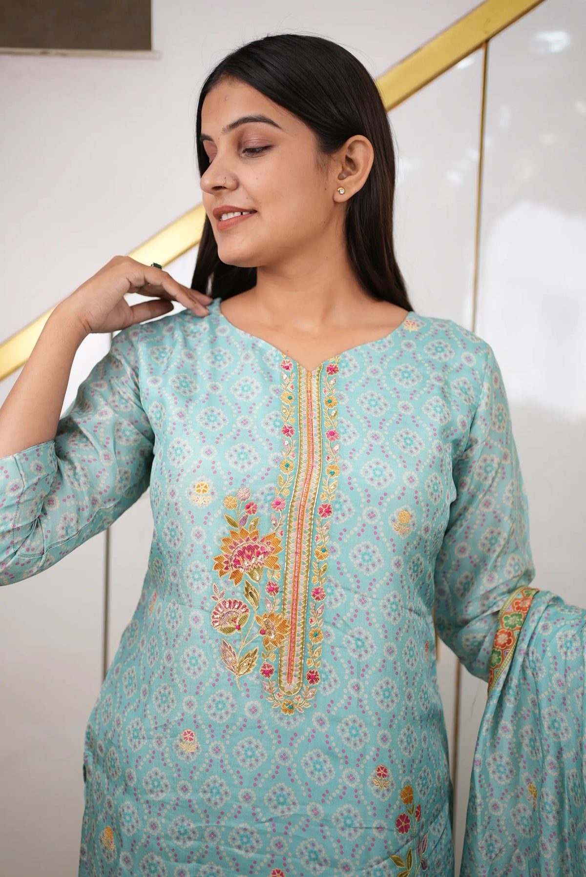 Elegant Aqua Blue Banarasi Fabric 3-Piece Suit Set with Zardozi Handwork, Peacock Motifs & Floral Embroidery