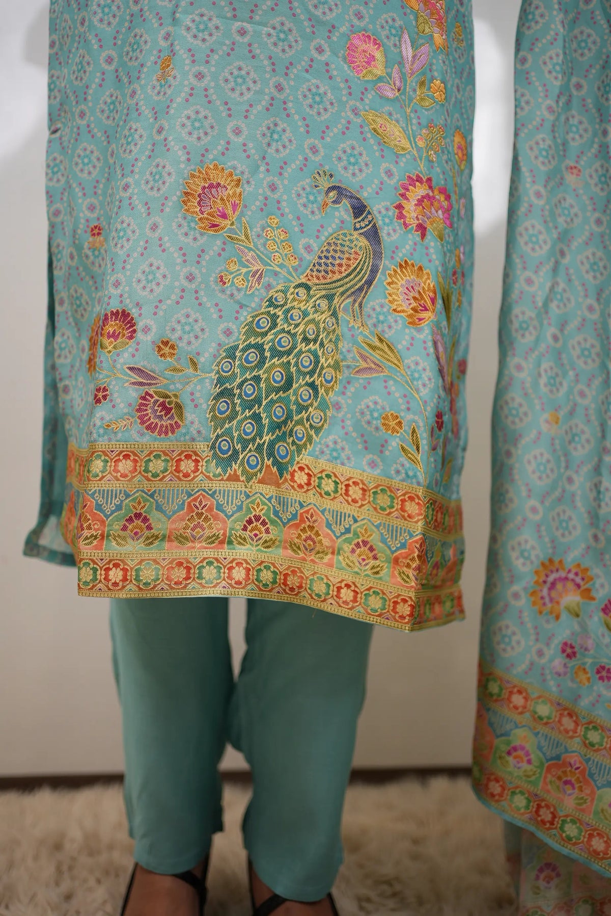 Elegant Aqua Blue Banarasi Fabric 3-Piece Suit Set with Zardozi Handwork, Peacock Motifs & Floral Embroidery