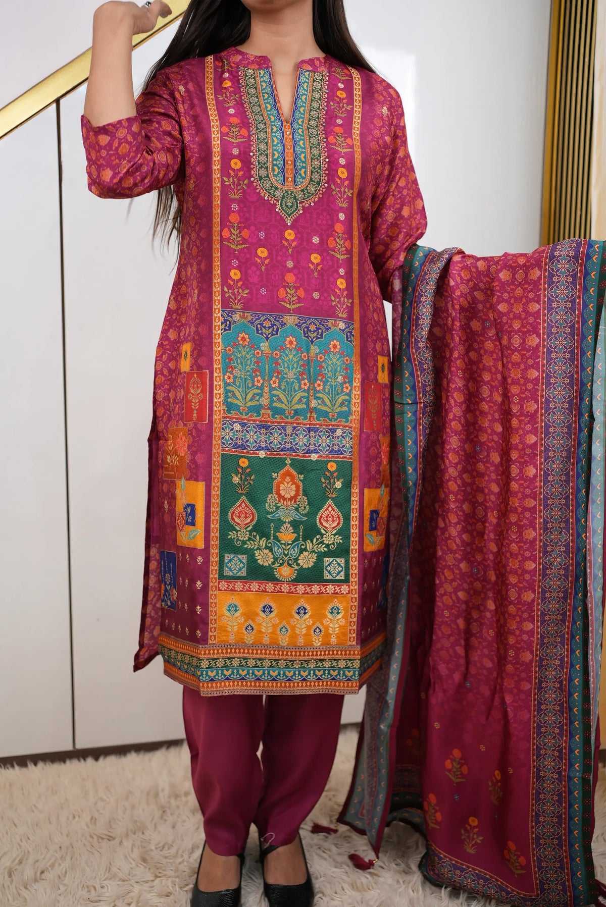 Magenta Floral Printed 3-Piece Suit Set with Artistic Panel Kurta & Dupatta