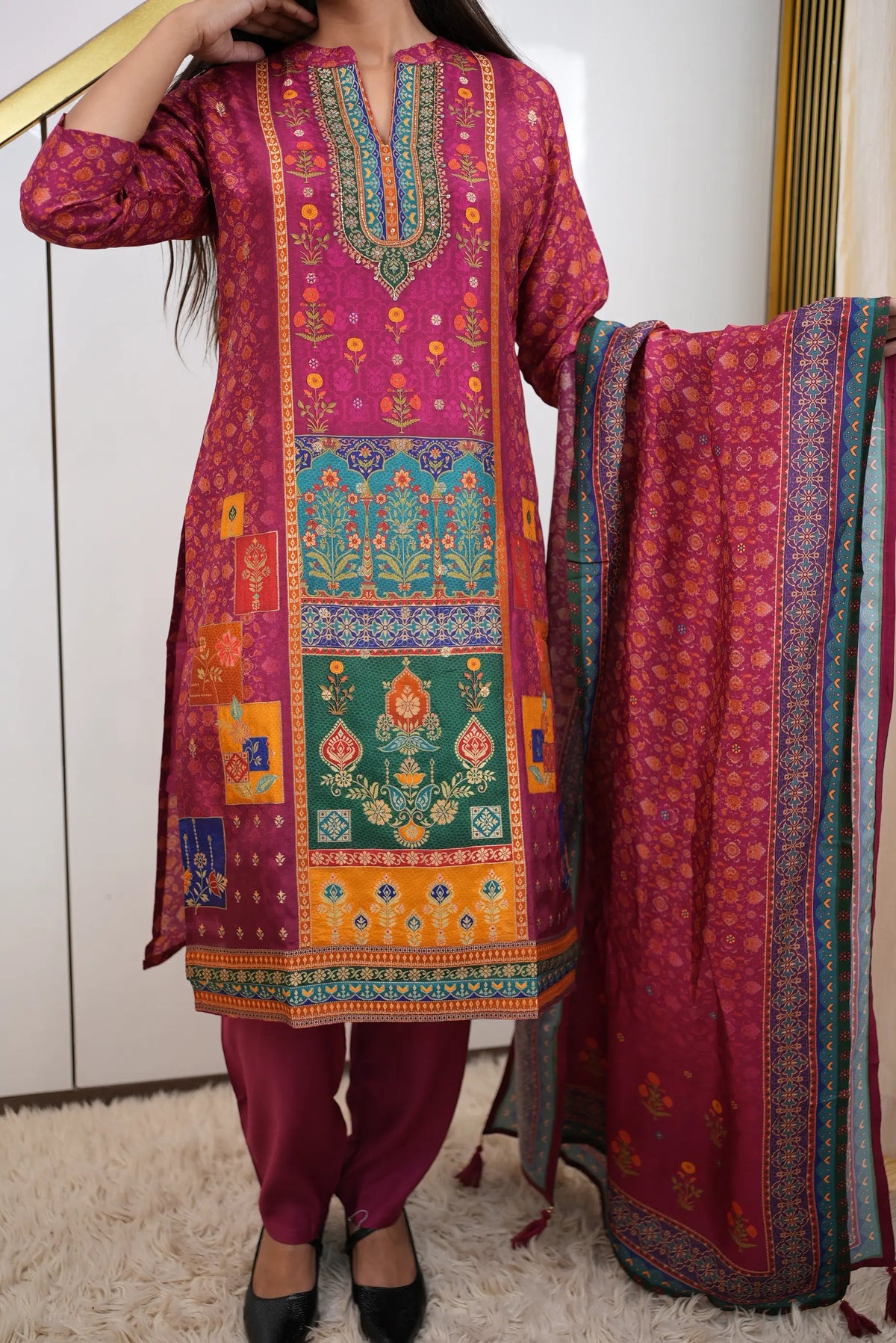 Magenta Floral Printed 3-Piece Suit Set with Artistic Panel Kurta & Dupatta