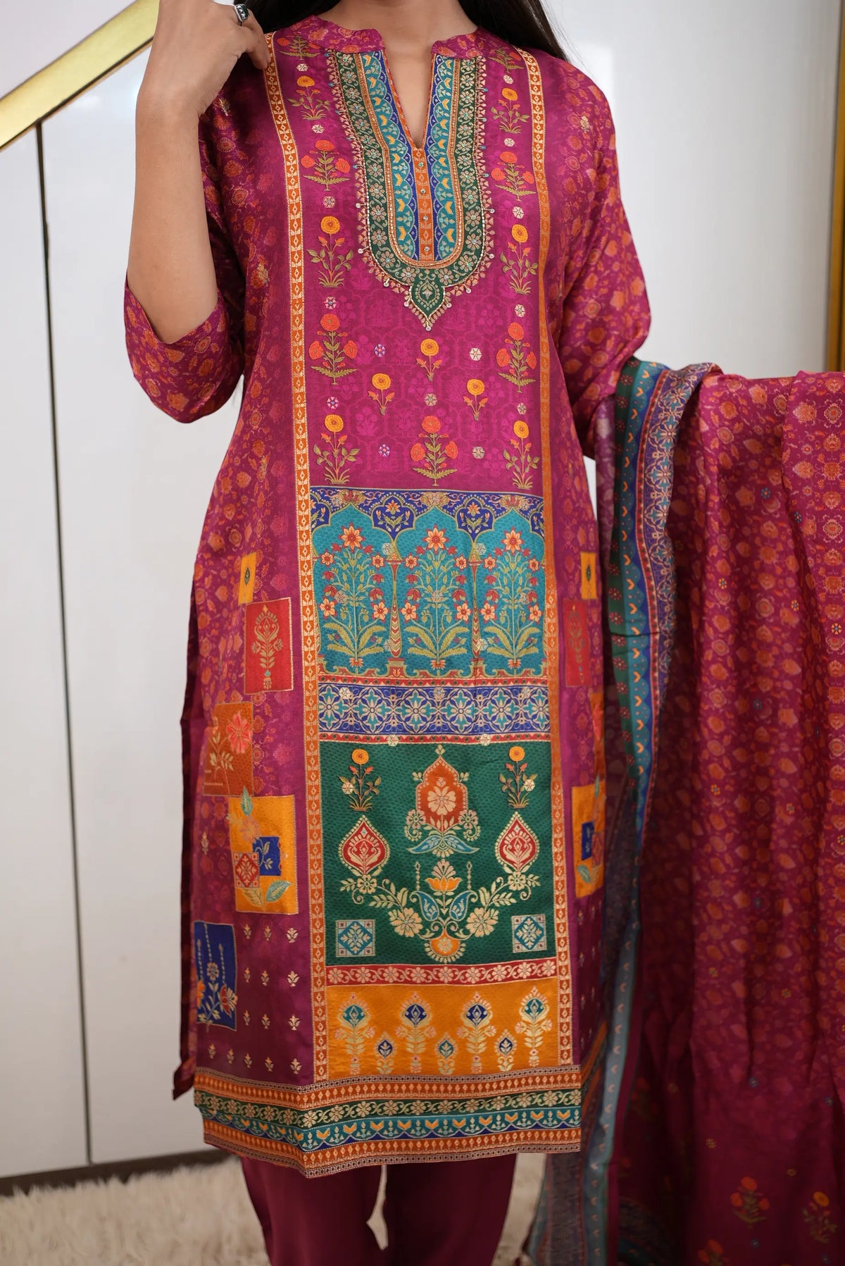 Magenta Floral Printed 3-Piece Suit Set with Artistic Panel Kurta & Dupatta