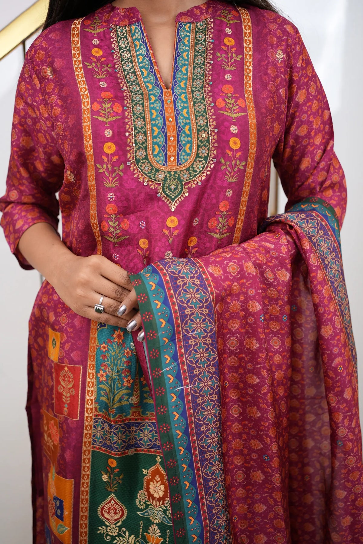 Magenta Floral Printed 3-Piece Suit Set with Artistic Panel Kurta & Dupatta