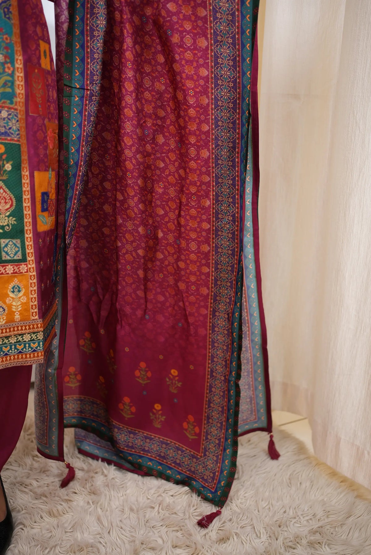 Magenta Floral Printed 3-Piece Suit Set with Artistic Panel Kurta & Dupatta