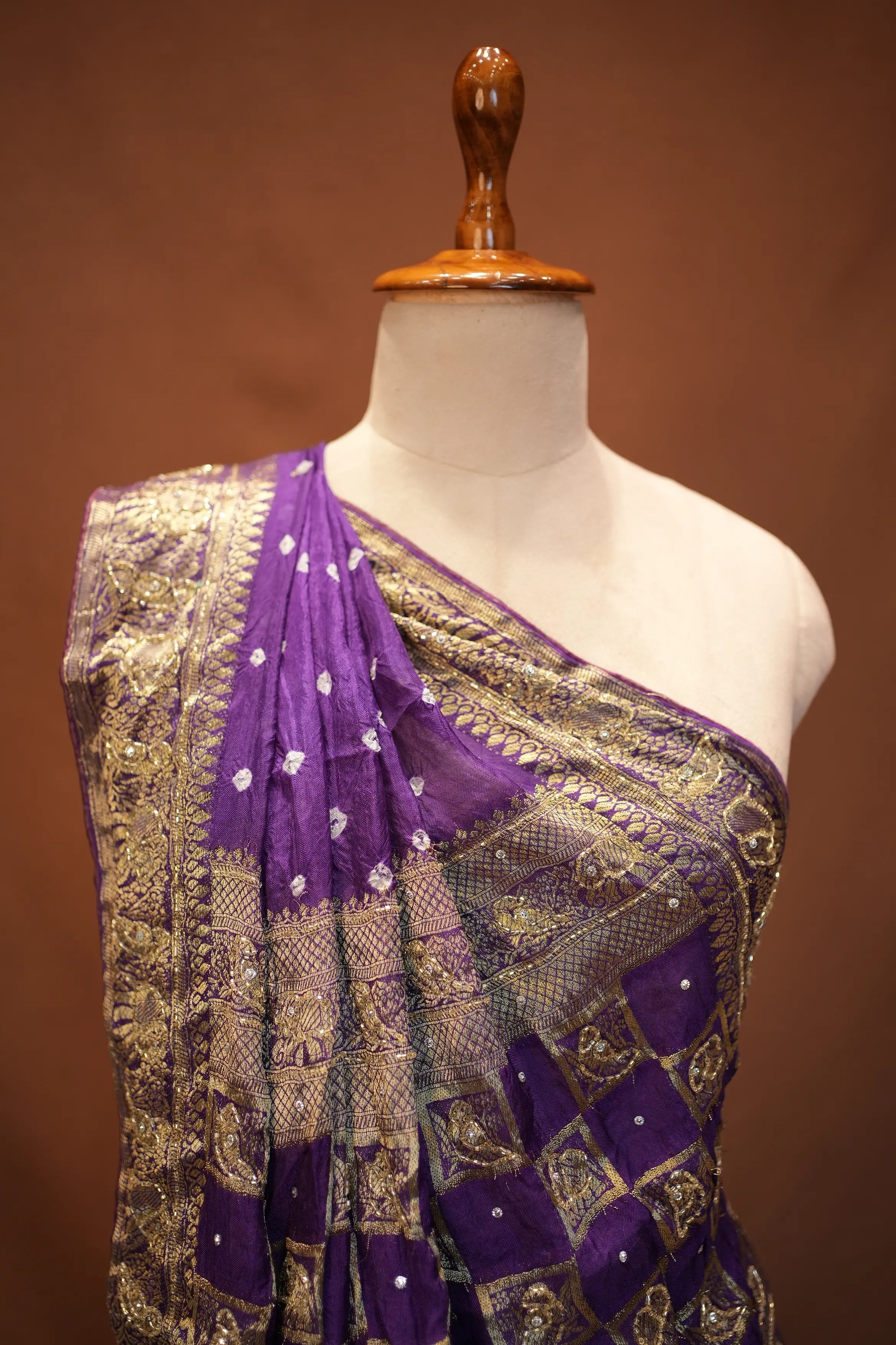 Gujrati Hand Bandhej Design Saree With Zari Weaving Boder With Handwork Touch