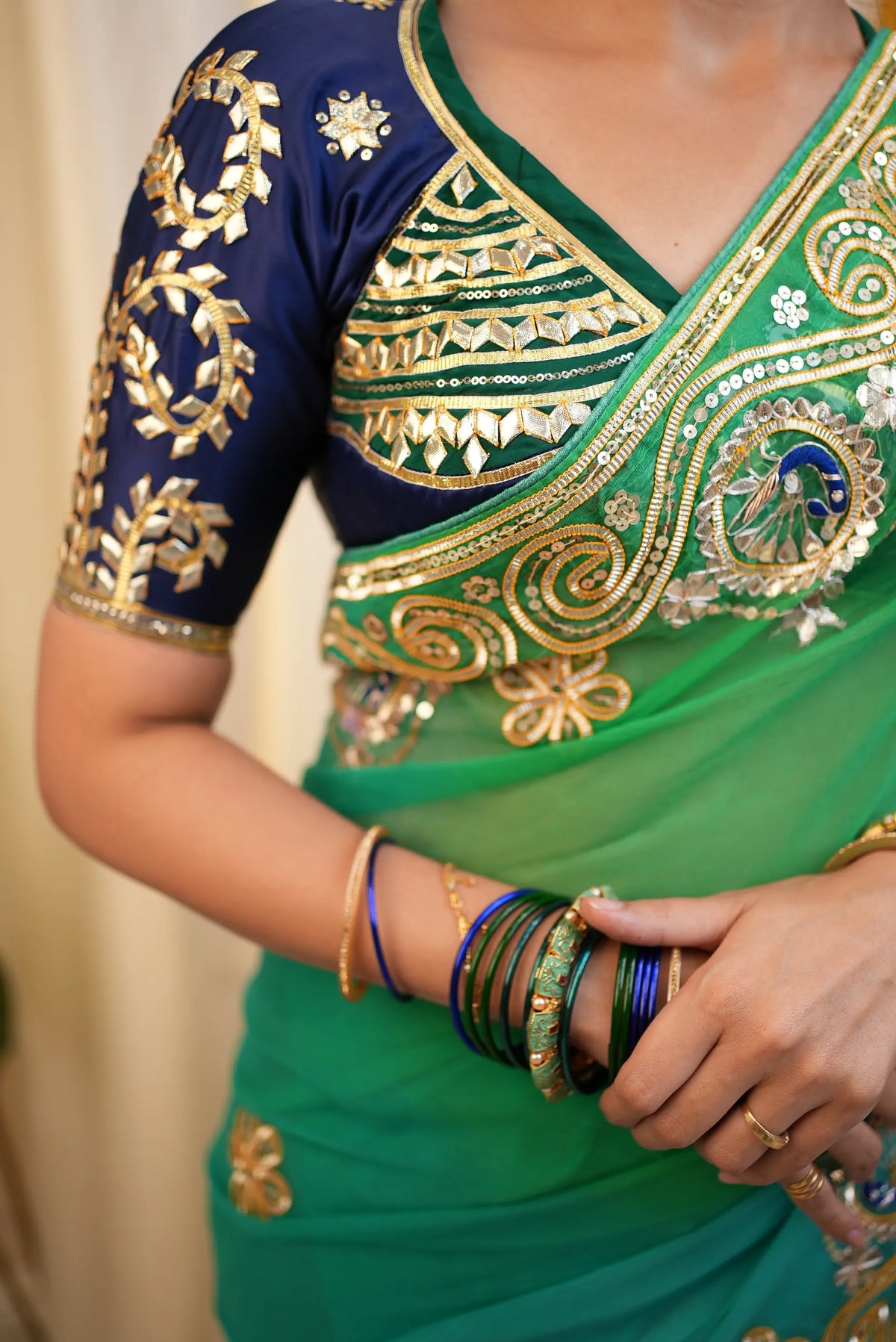 Pure Chiffon Saree With Charkhi Gota, Sequin Work & Peacock Motif With Tannu Rajasthani Aangi Blouse (PRE-BOOKING ITEM)