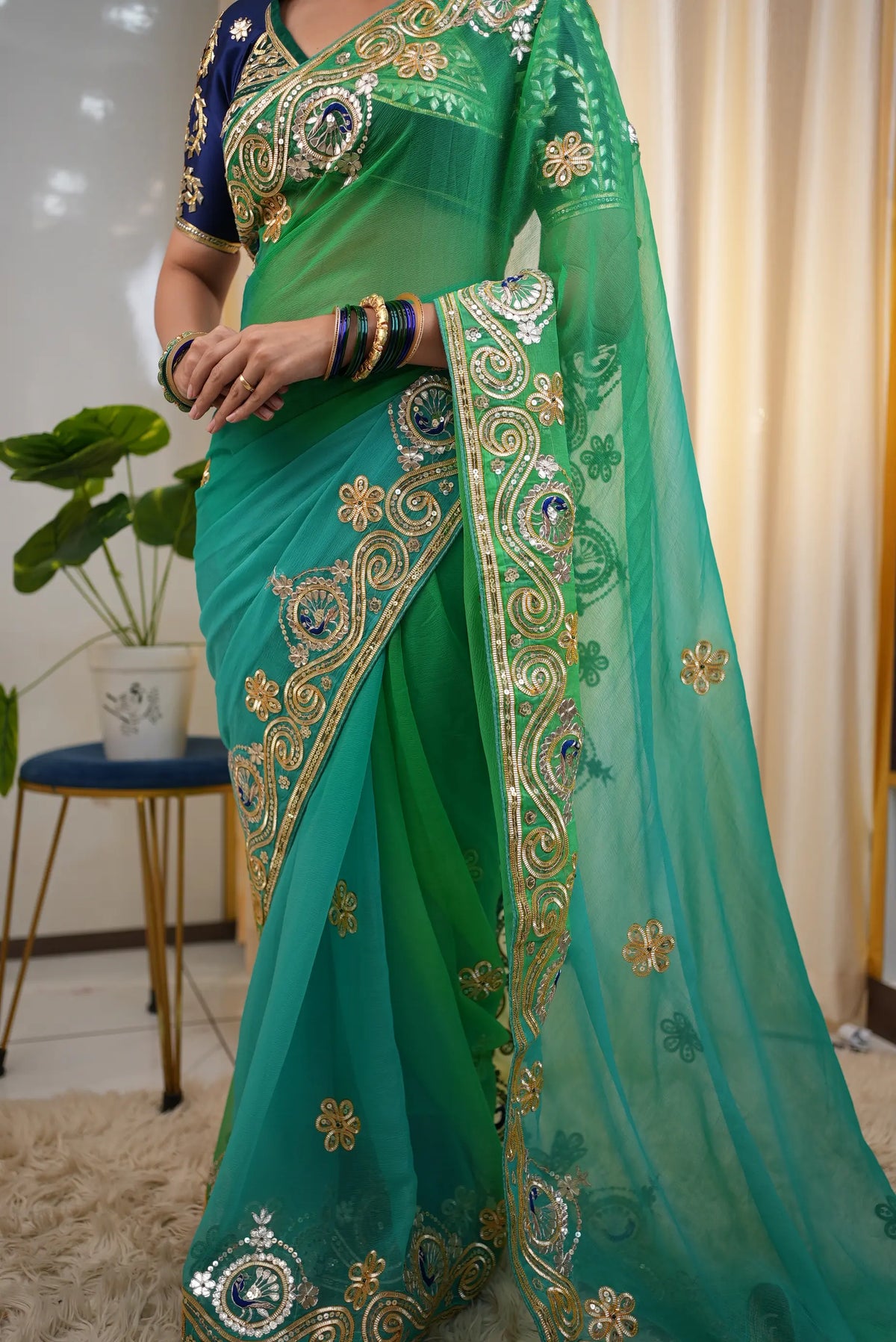 Pure Chiffon Saree With Charkhi Gota, Sequin Work & Peacock Motif With Tannu Rajasthani Aangi Blouse (PRE-BOOKING ITEM)