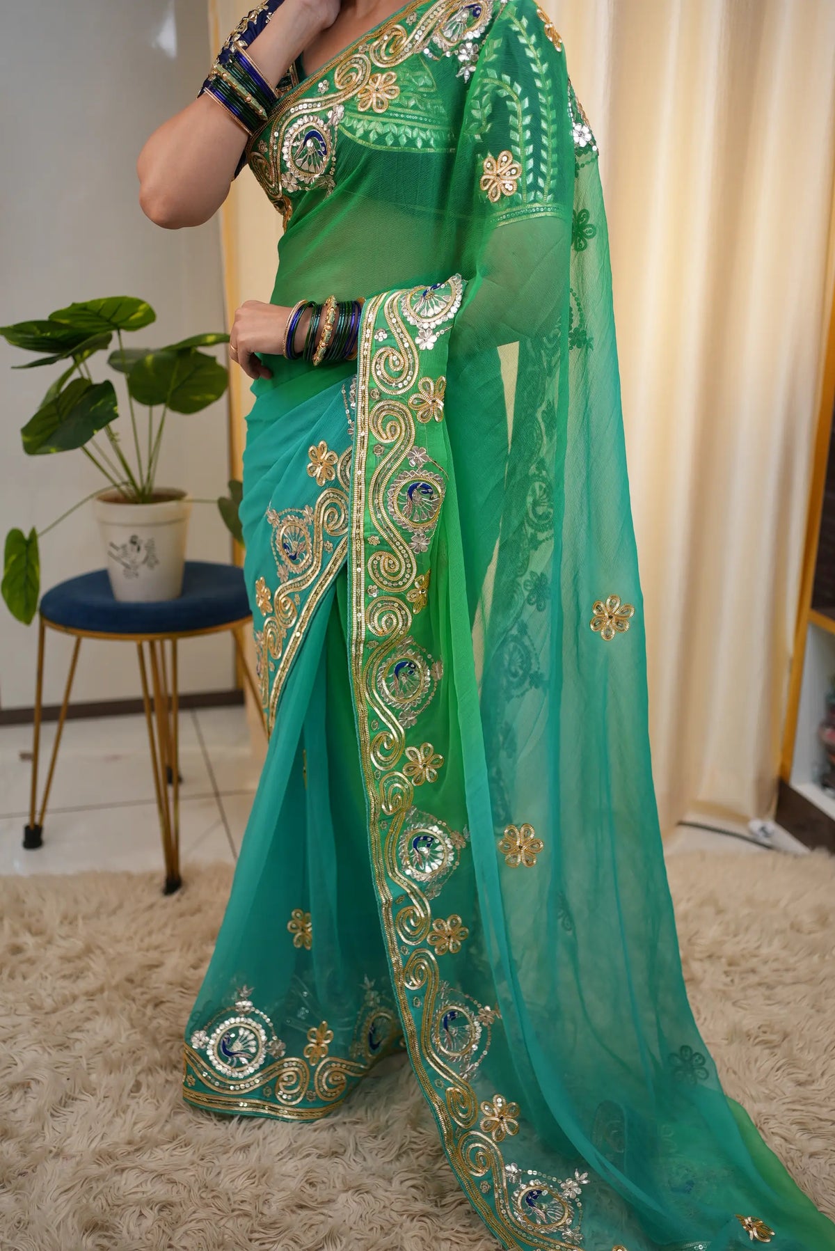 Pure Chiffon Saree With Charkhi Gota, Sequin Work & Peacock Motif With Tannu Rajasthani Aangi Blouse (PRE-BOOKING ITEM)