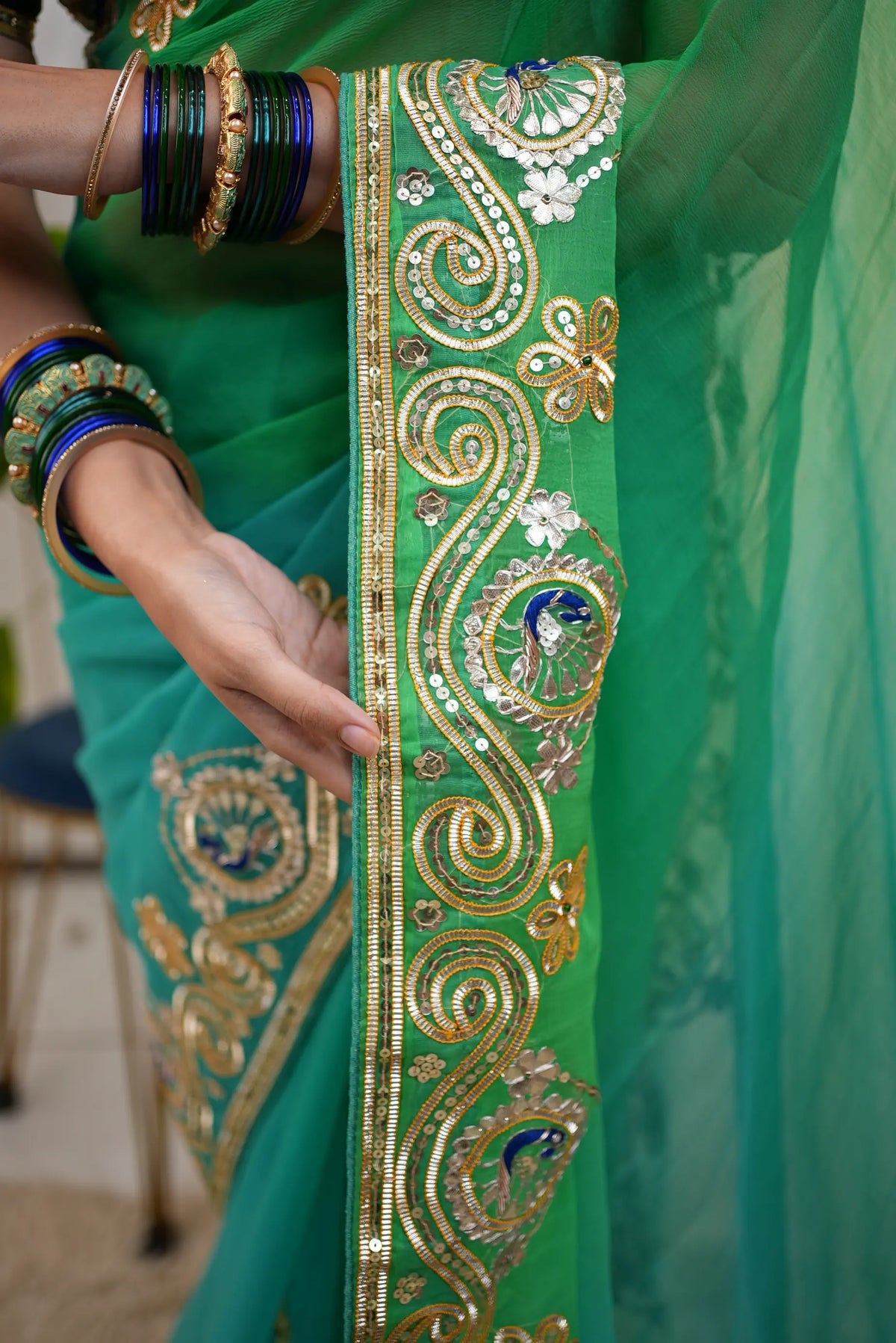 Pure Chiffon Saree With Charkhi Gota, Sequin Work & Peacock Motif With Tannu Rajasthani Aangi Blouse (PRE-BOOKING ITEM)