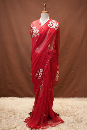 PURE THAKUR JI CHIFFON SAREE WITH FIGURE HANDWORK (WITH BLOUSE) ##SR482