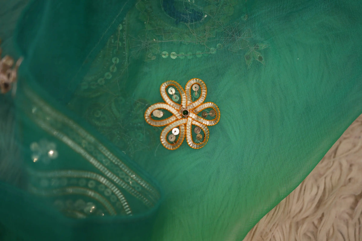 Pure Chiffon Saree With Charkhi Gota, Sequin Work & Peacock Motif With Tannu Rajasthani Aangi Blouse (PRE-BOOKING ITEM)