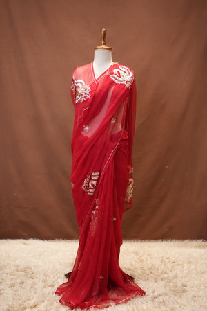 PURE THAKUR JI CHIFFON SAREE WITH FIGURE HANDWORK (WITH BLOUSE) ##SR482