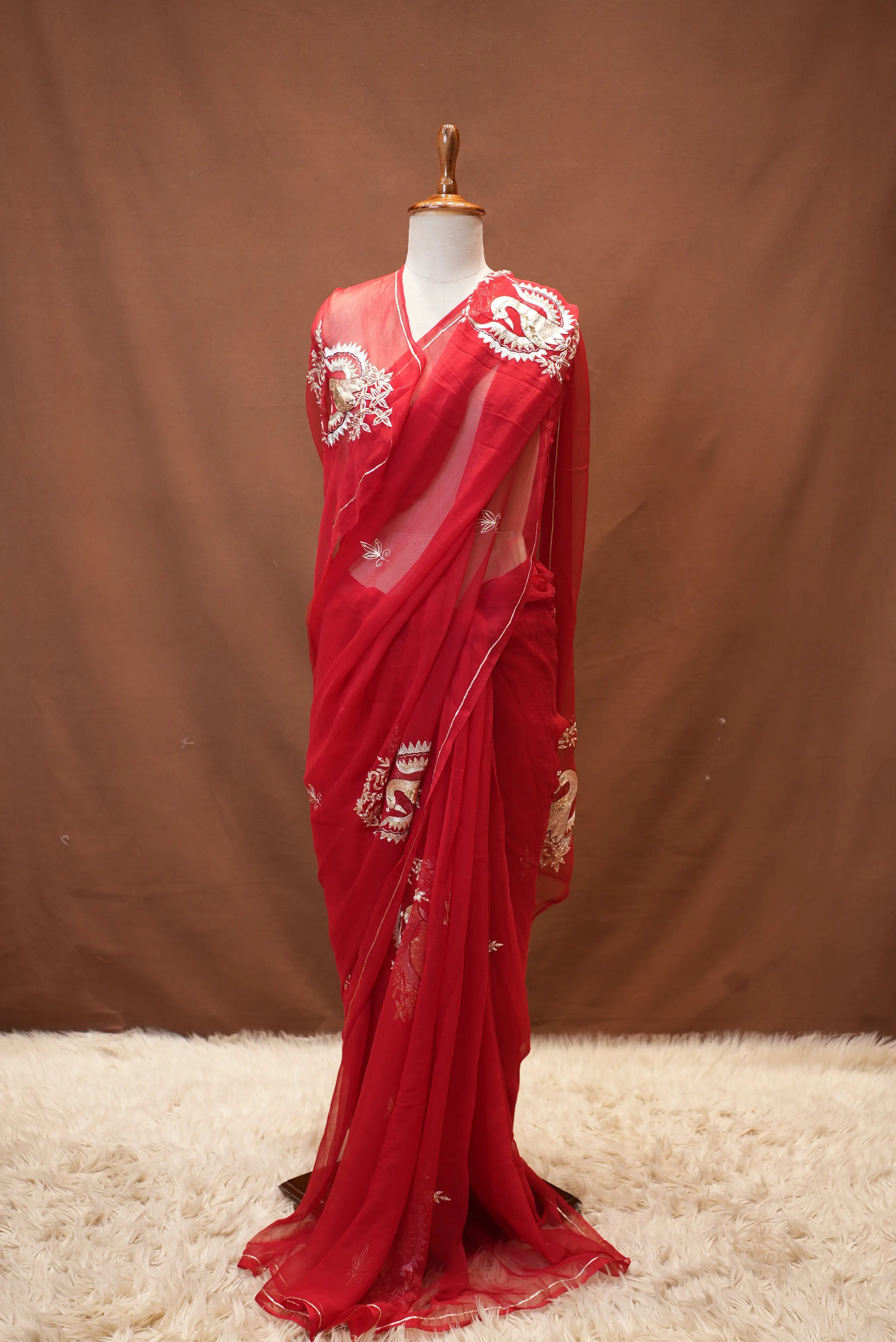 Pure Thakurji Chiffon Saree with Figure Handwork (With Blouse)