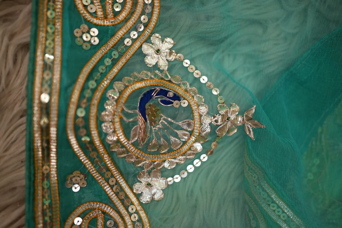 Pure Chiffon Saree With Charkhi Gota, Sequin Work & Peacock Motif With Tannu Rajasthani Aangi Blouse (PRE-BOOKING ITEM)