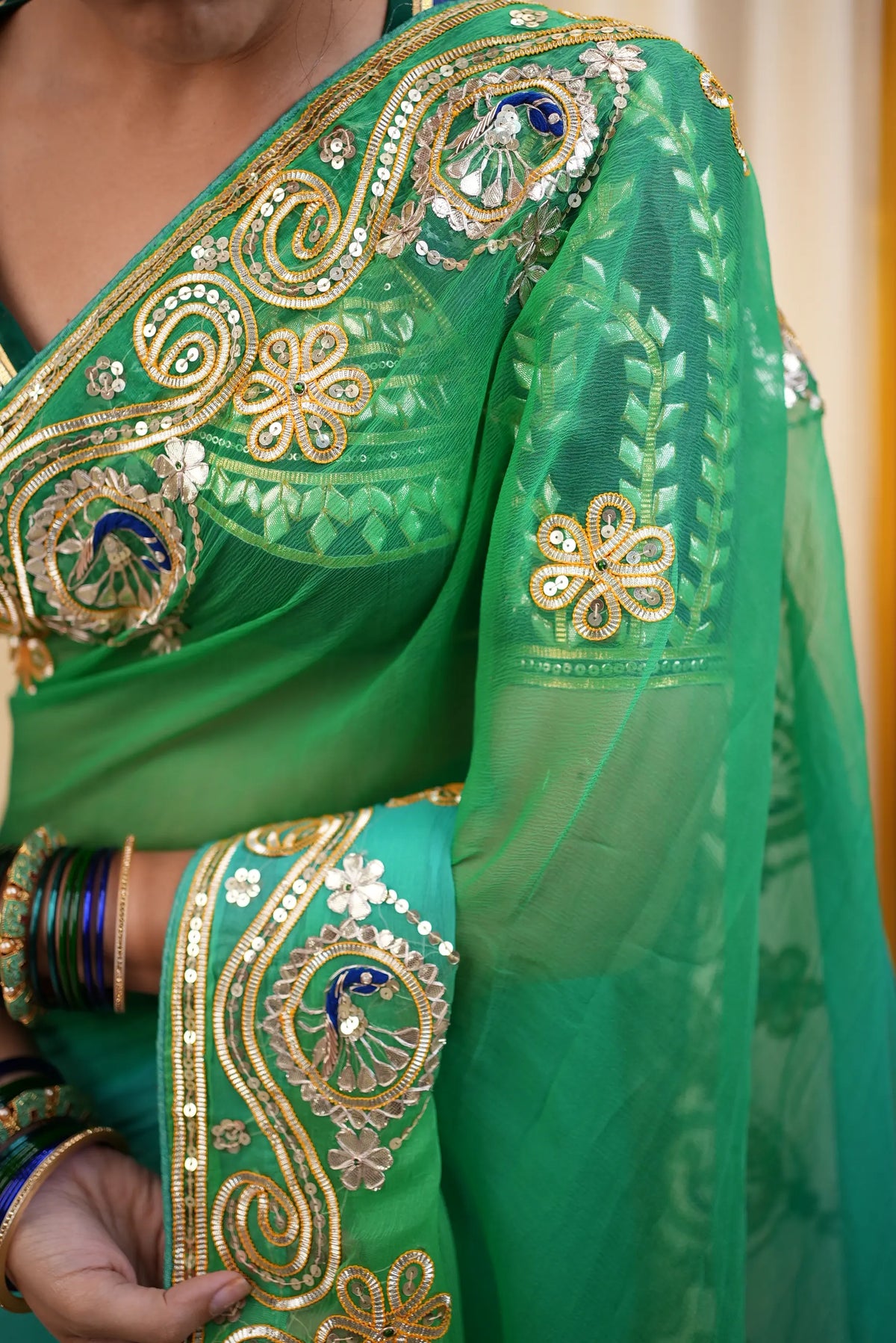 Pure Chiffon Saree With Charkhi Gota, Sequin Work & Peacock Motif With Tannu Rajasthani Aangi Blouse (PRE-BOOKING ITEM)