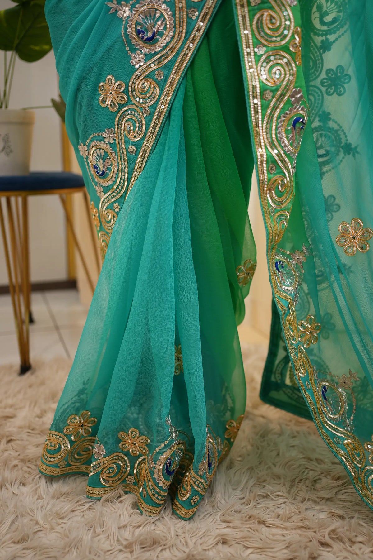 Pure Chiffon Saree With Charkhi Gota, Sequin Work & Peacock Motif With Tannu Rajasthani Aangi Blouse (PRE-BOOKING ITEM)