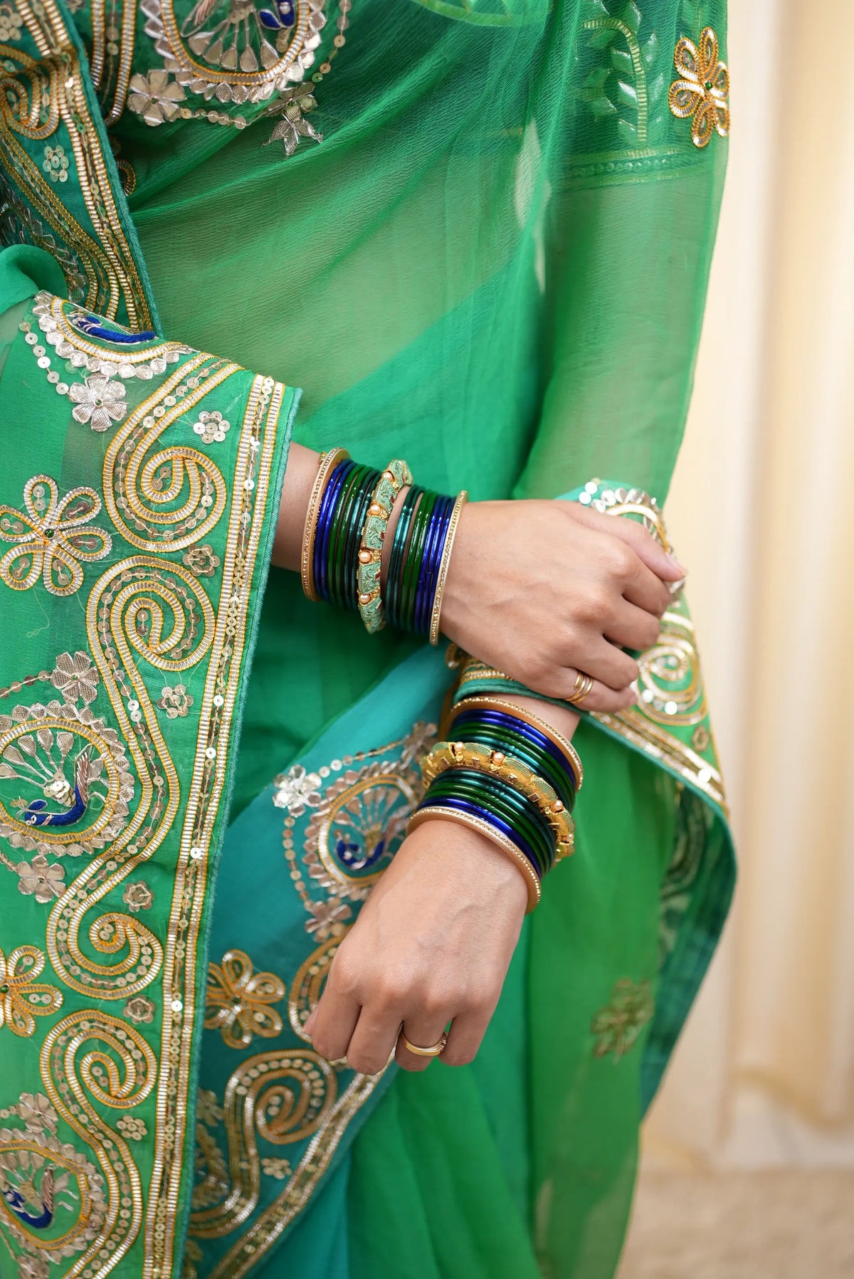 Pure Chiffon Saree With Charkhi Gota, Sequin Work & Peacock Motif With Tannu Rajasthani Aangi Blouse (PRE-BOOKING ITEM)