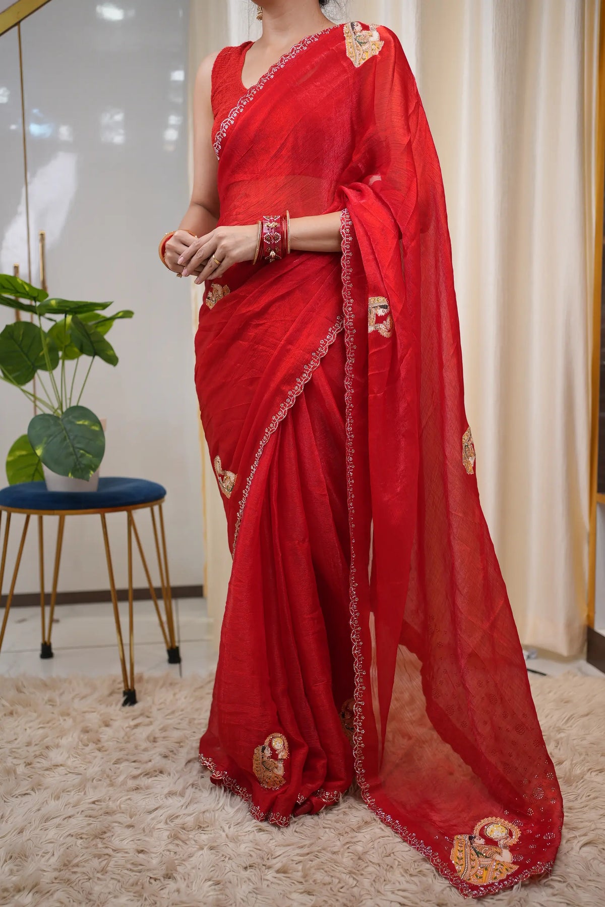 Special Karwa Chauth Motif Fendy Fabric Red Saree (With Blouse)