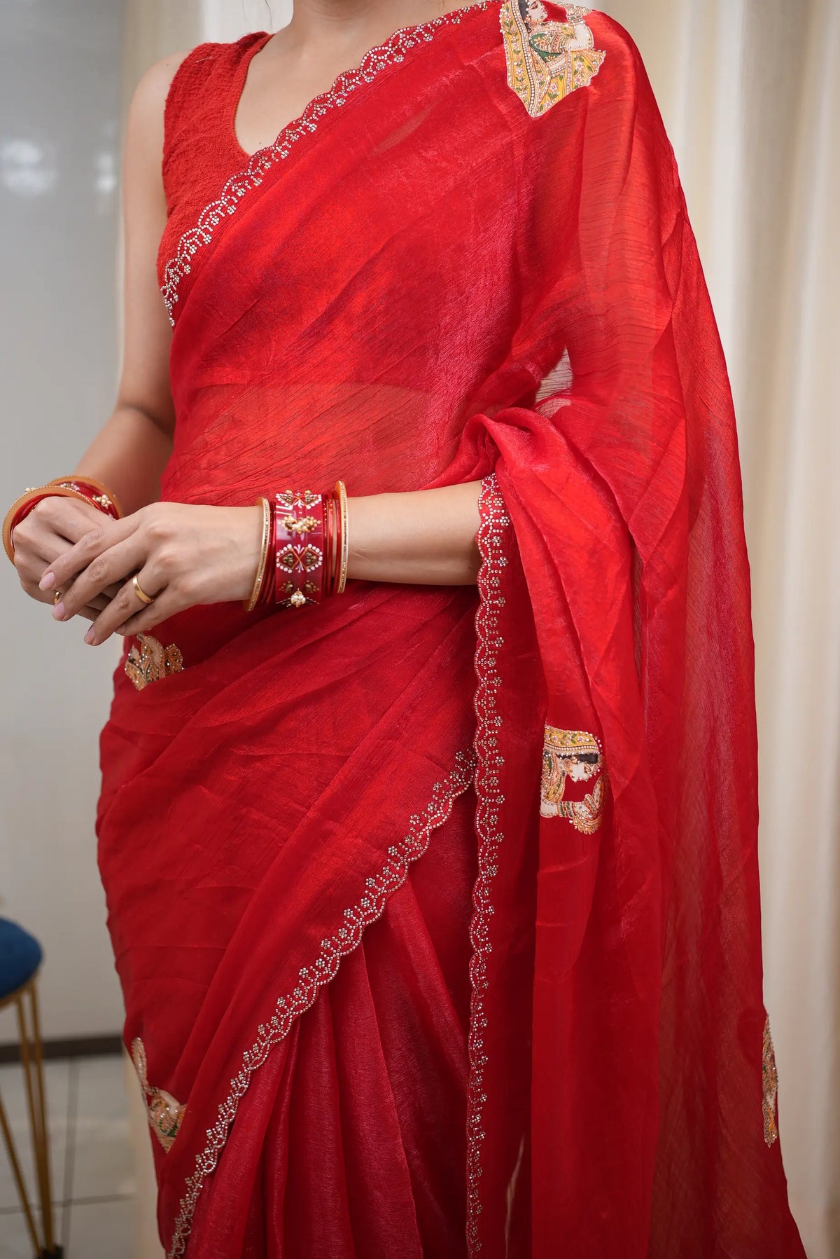 Special Karwa Chauth Motif Fendy Fabric Red Saree (With Blouse)