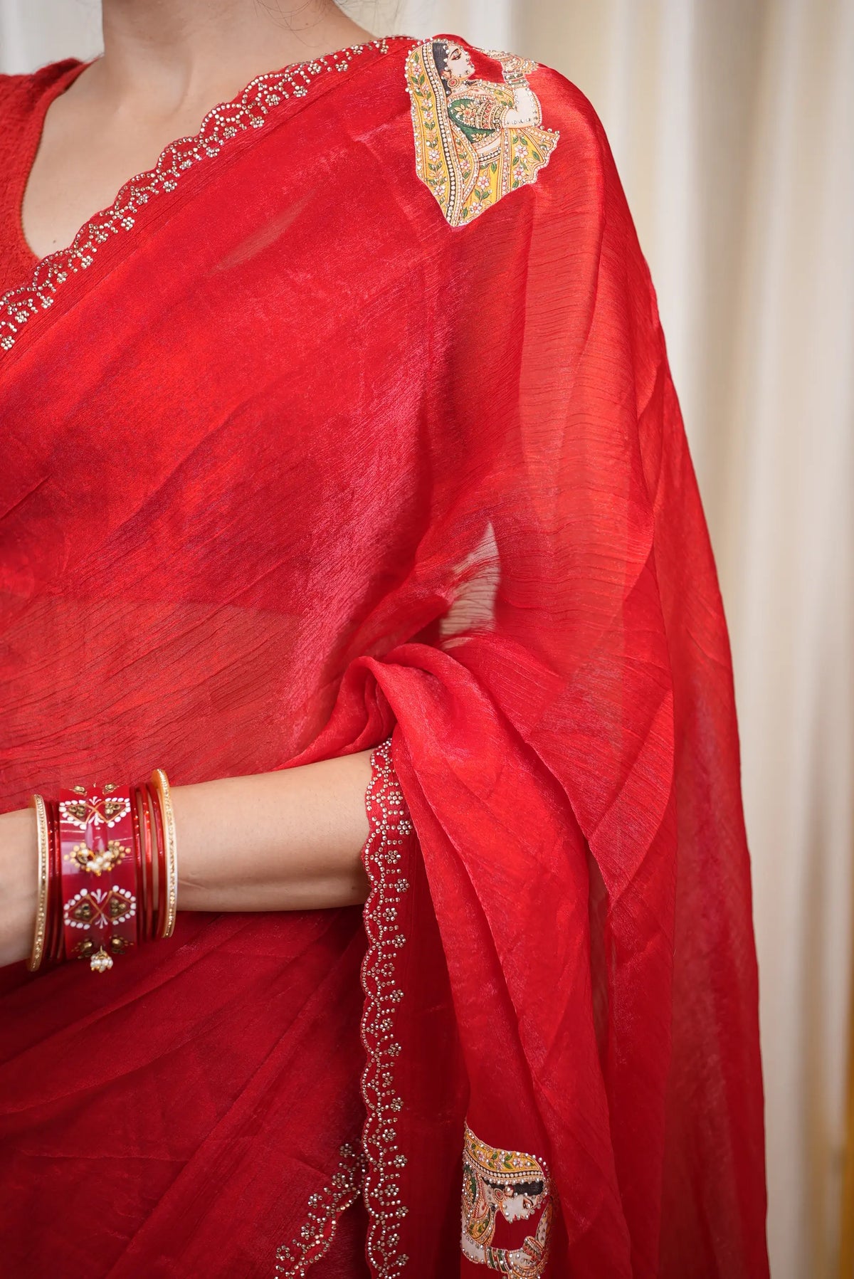 Special Karwa Chauth Motif Fendy Fabric Red Saree (With Blouse)