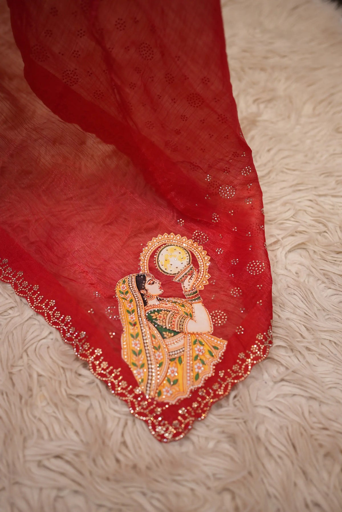 Special Karwa Chauth Motif Fendy Fabric Red Saree (With Blouse)