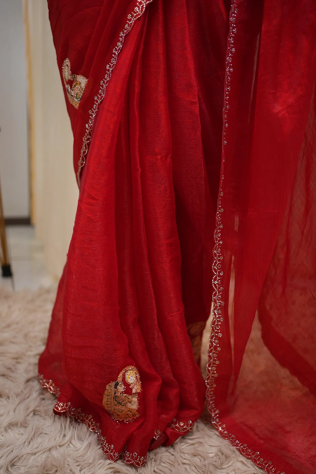 Special Karwa Chauth Motif Fendy Fabric Red Saree (With Blouse)