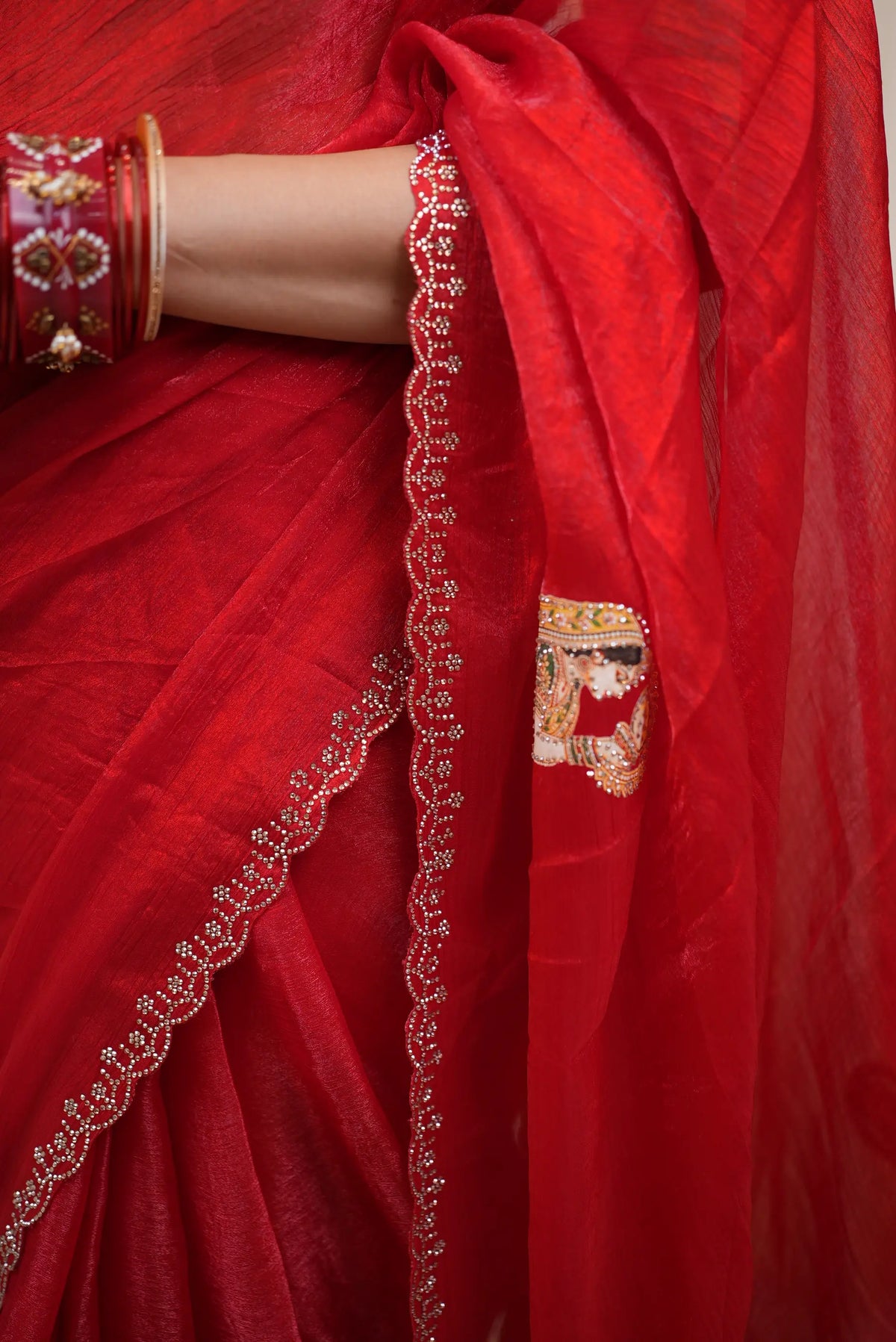 Special Karwa Chauth Motif Fendy Fabric Red Saree (With Blouse)