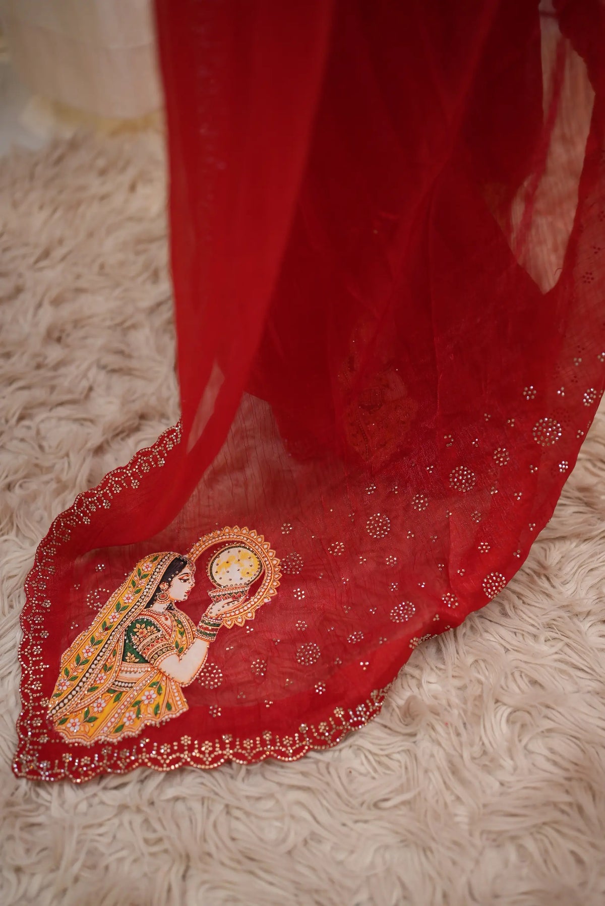 Special Karwa Chauth Motif Fendy Fabric Red Saree (With Blouse)