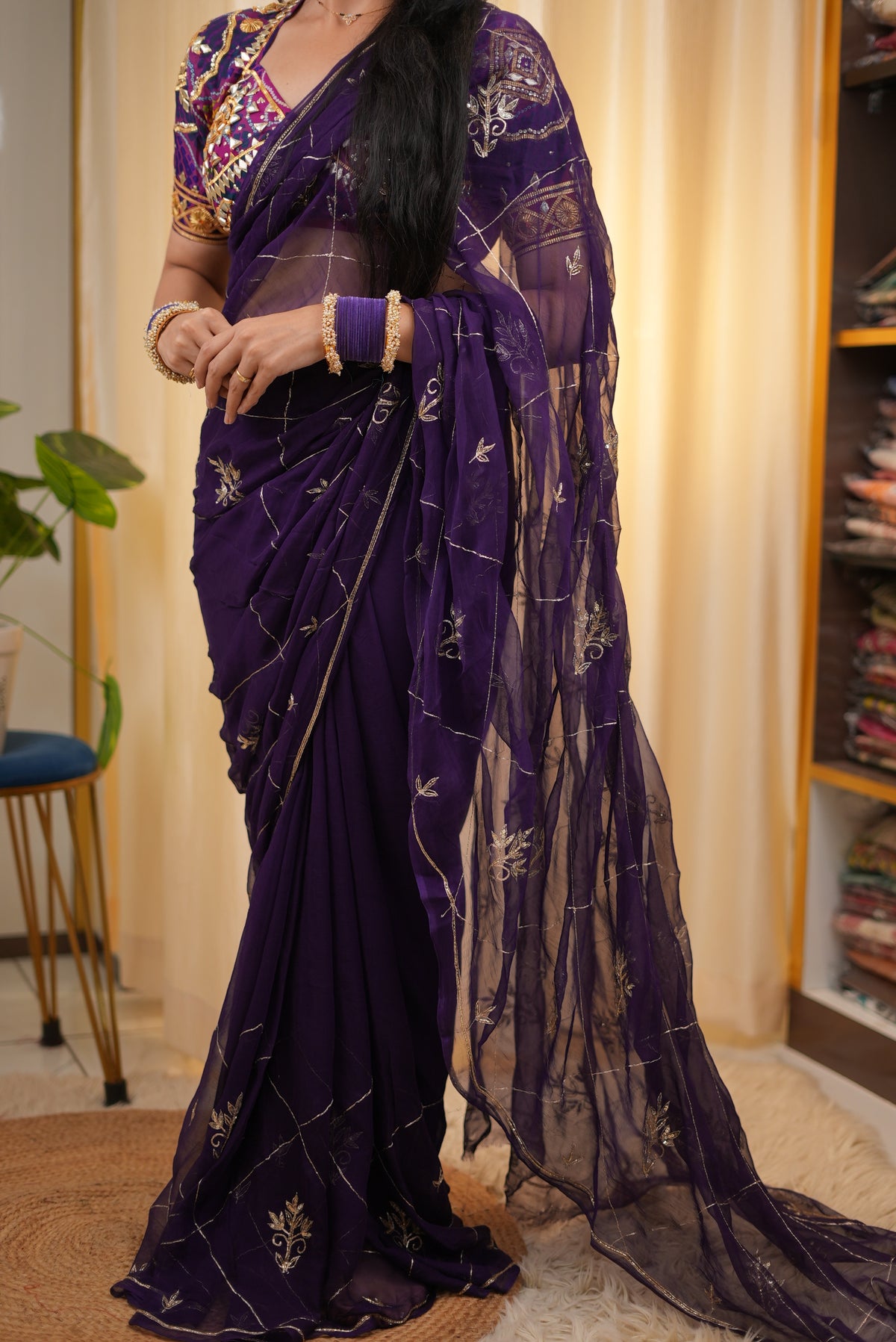 PURE CHIFFON SAREE WITH KASAB WORK (WITH BLOUSE)