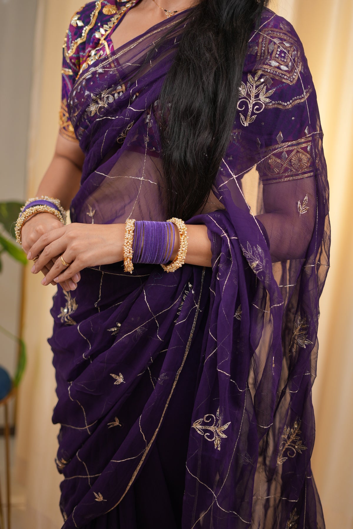 PURE CHIFFON SAREE WITH KASAB WORK (WITH BLOUSE)