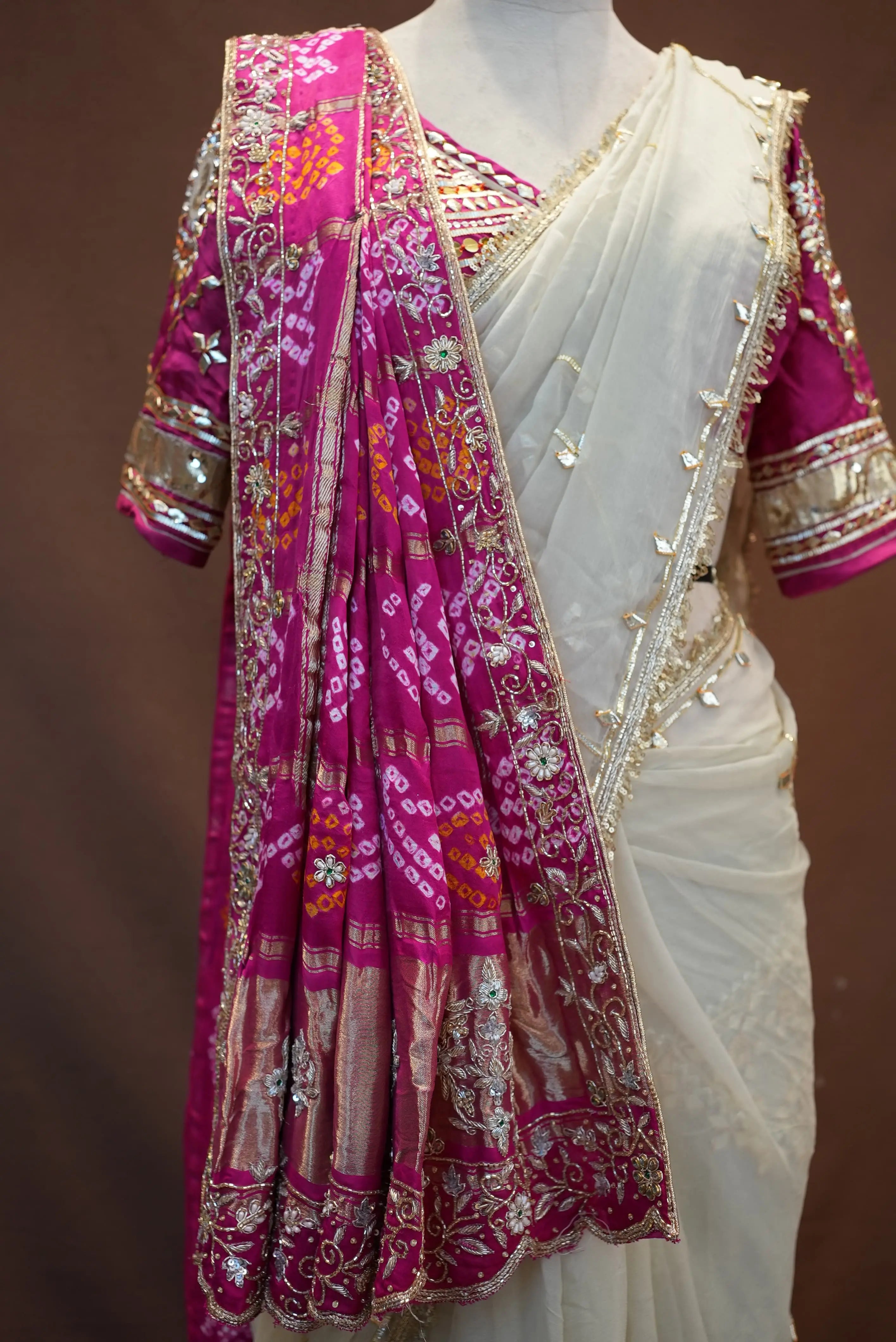 Pure Chiffon Saree with Kachi Gota Patti & Rajasthani Angi Blouse with Gajji Silk Bandhani Zardozi Dupatta