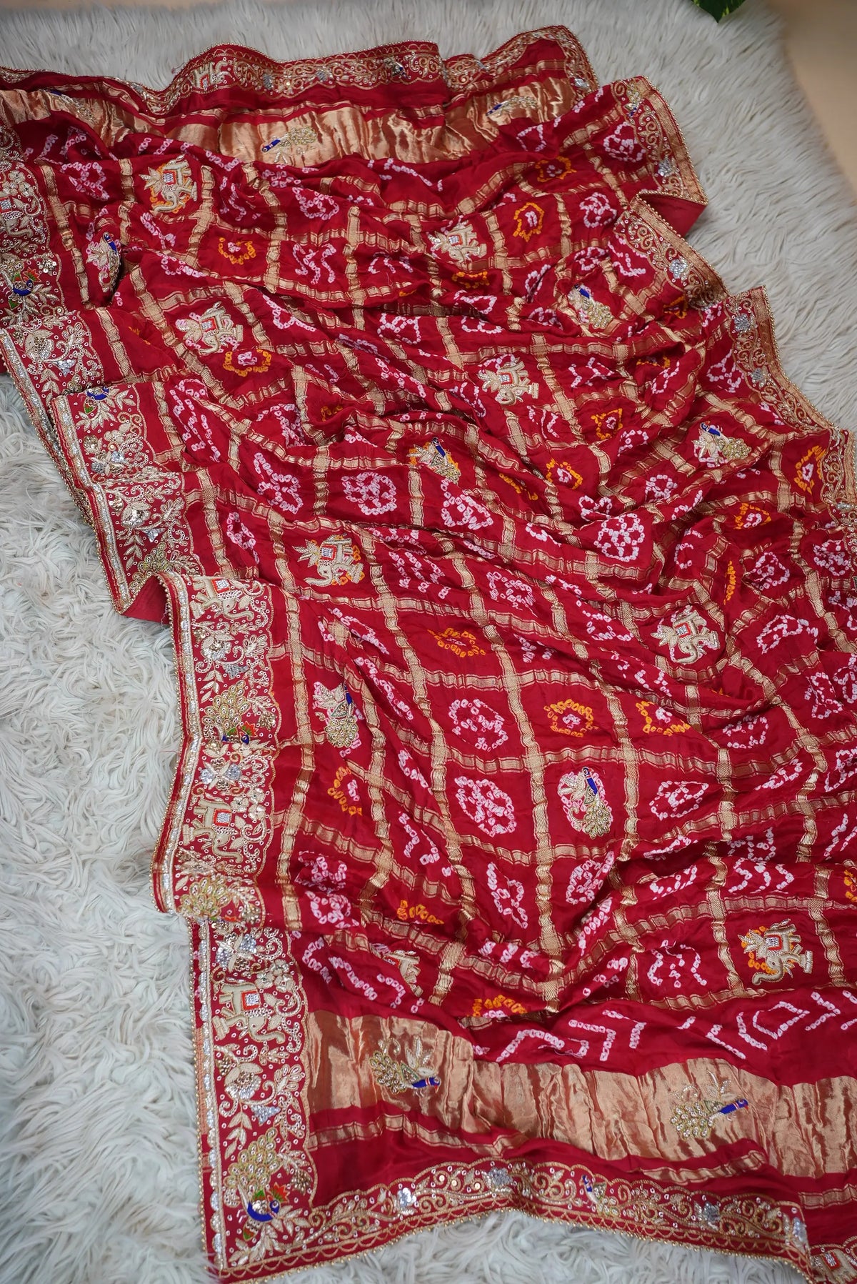 Pure Gajji Silk Ghatchola Pattern Bandhani and Zardozi Handwork Dupatta With Peacock Motifs (PRE-BOOKING ITEM)