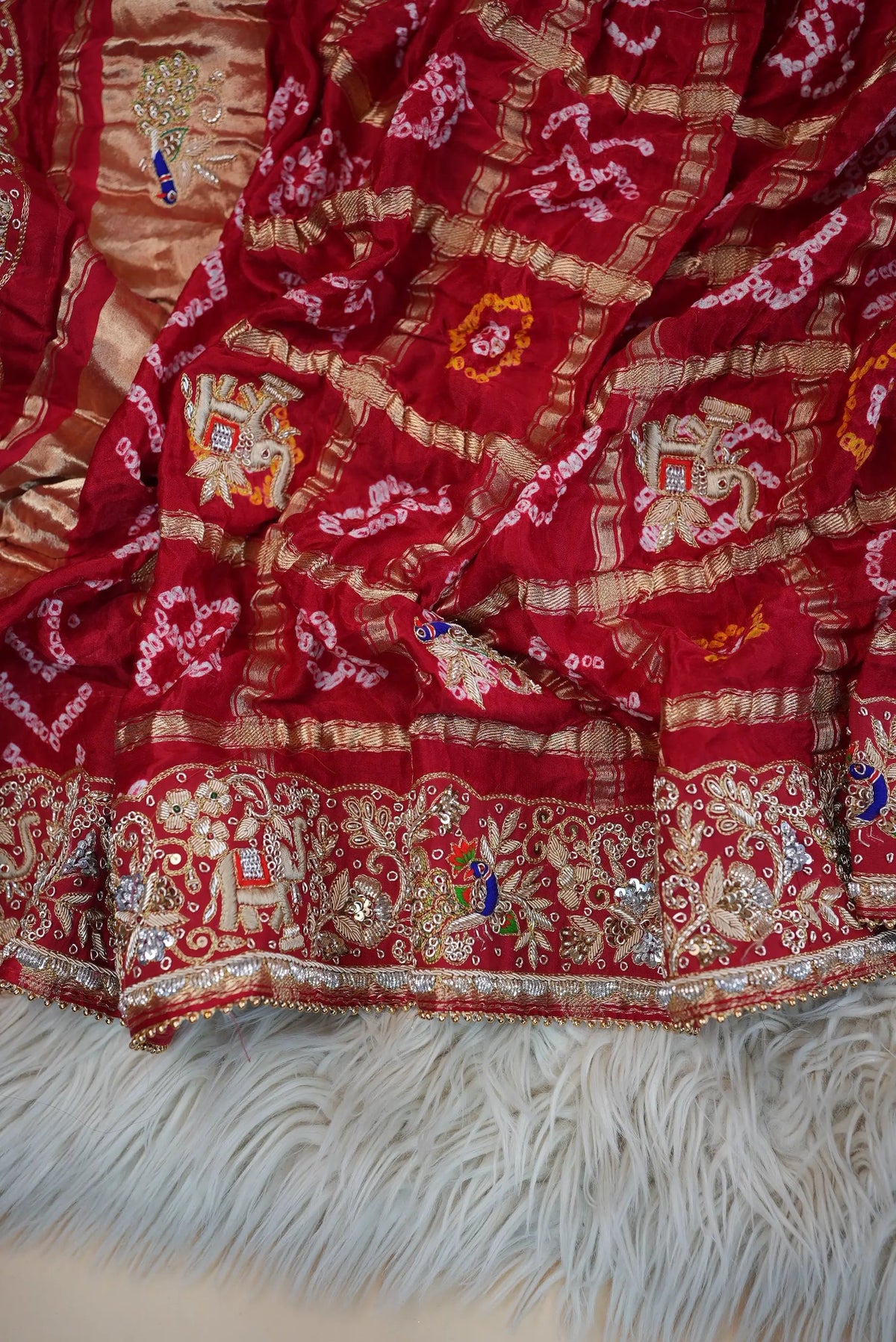 Pure Gajji Silk Ghatchola Pattern Bandhani and Zardozi Handwork Dupatta With Peacock Motifs (PRE-BOOKING ITEM)