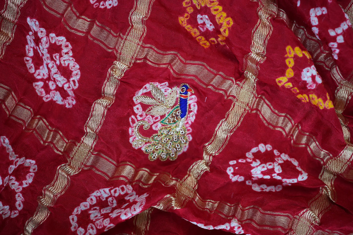 Pure Gajji Silk Ghatchola Pattern Bandhani and Zardozi Handwork Dupatta With Peacock Motifs (PRE-BOOKING ITEM)