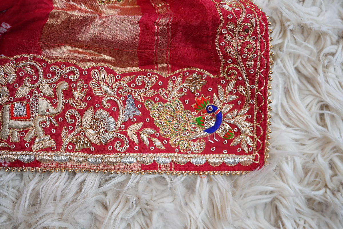 Pure Gajji Silk Ghatchola Pattern Bandhani and Zardozi Handwork Dupatta With Peacock Motifs (PRE-BOOKING ITEM)