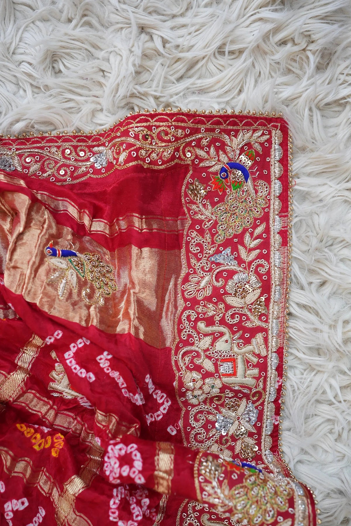 Pure Gajji Silk Ghatchola Pattern Bandhani and Zardozi Handwork Dupatta With Peacock Motifs (PRE-BOOKING ITEM)
