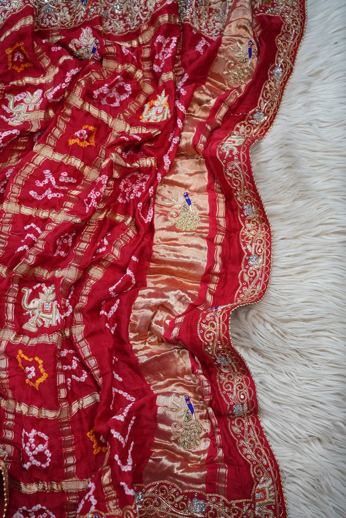 Pure Gajji Silk Ghatchola Pattern Bandhani and Zardozi Handwork Dupatta With Peacock Motifs (PRE-BOOKING ITEM)