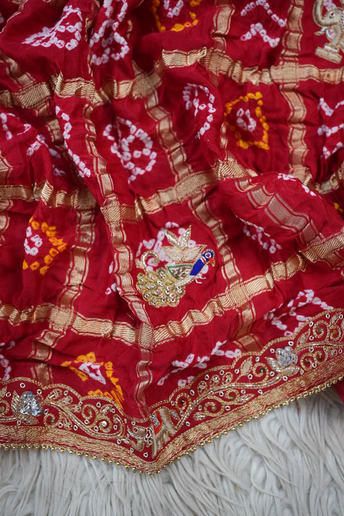 Pure Gajji Silk Ghatchola Pattern Bandhani and Zardozi Handwork Dupatta With Peacock Motifs (PRE-BOOKING ITEM)