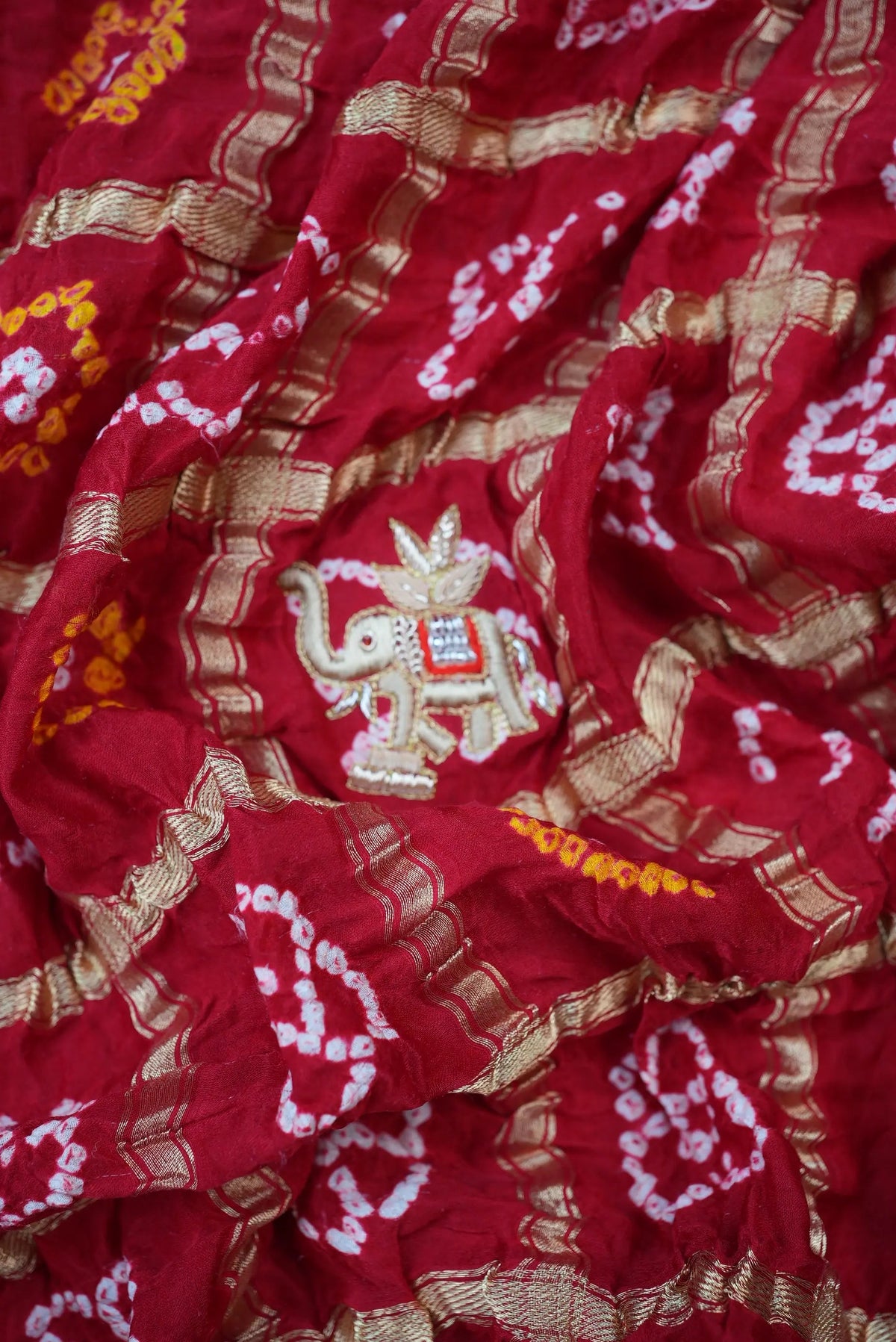 Pure Gajji Silk Ghatchola Pattern Bandhani and Zardozi Handwork Dupatta With Peacock Motifs (PRE-BOOKING ITEM)
