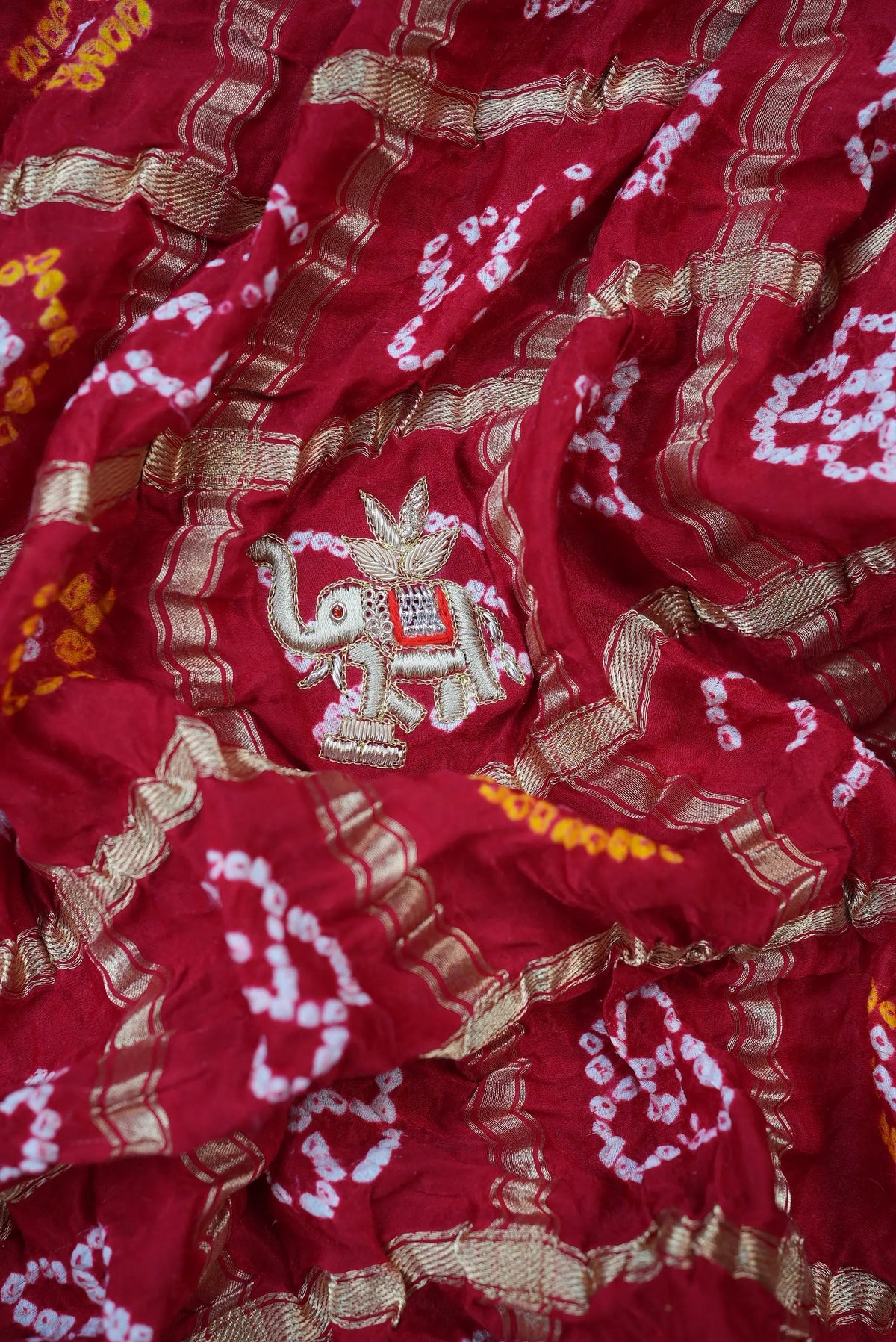 Pure Gajji Silk Ghatchola Pattern Bandhani and Zardozi Handwork Dupatta With Peacock Motifs (PRE-BOOKING ITEM)