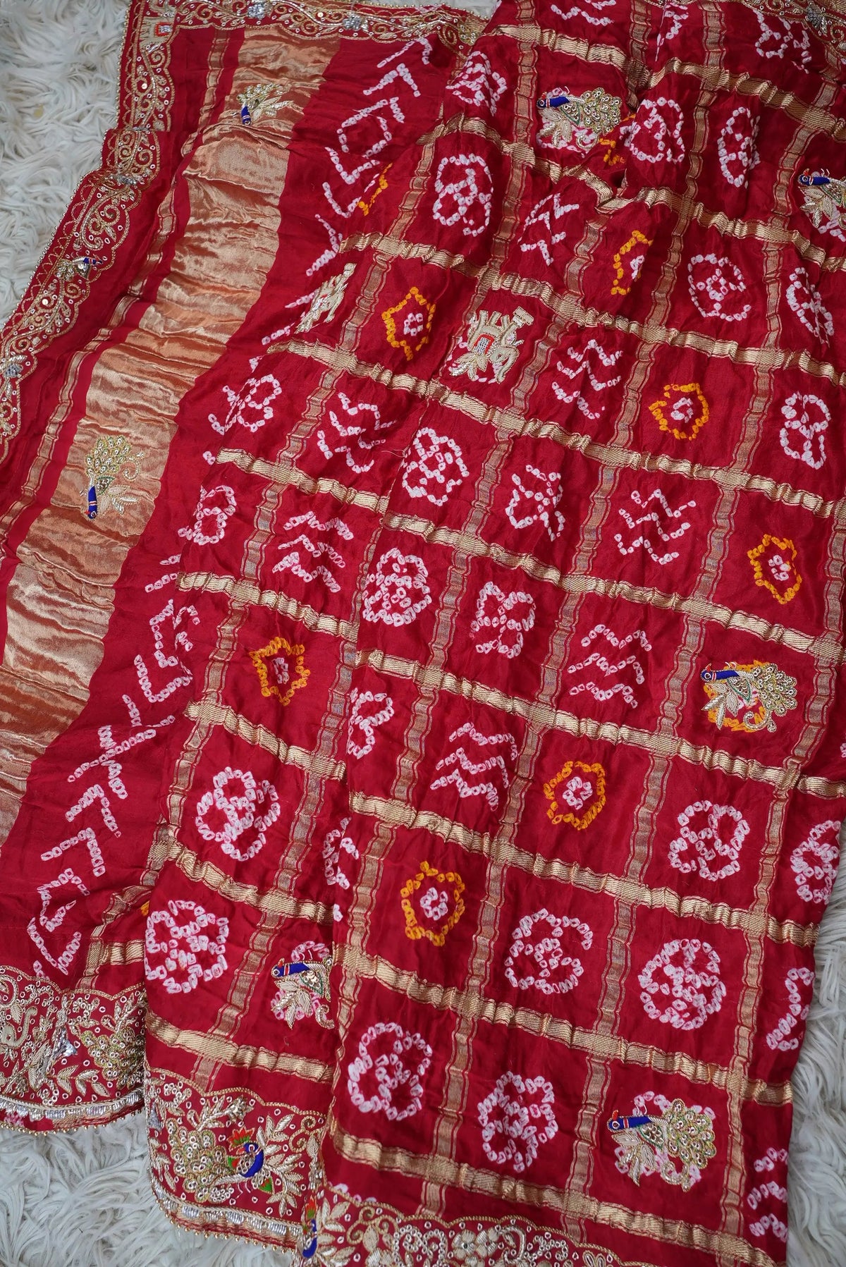 Pure Gajji Silk Ghatchola Pattern Bandhani and Zardozi Handwork Dupatta With Peacock Motifs (PRE-BOOKING ITEM)