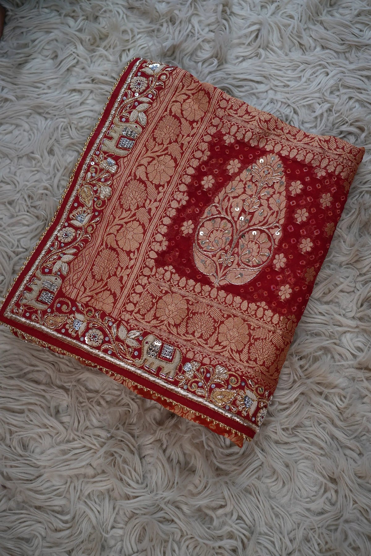 Pure Kaddi Georgette Rai Bandhej Dupatta With Kolkata Handwork & Elephant Motifs (PRE-BOOKING ITEM)