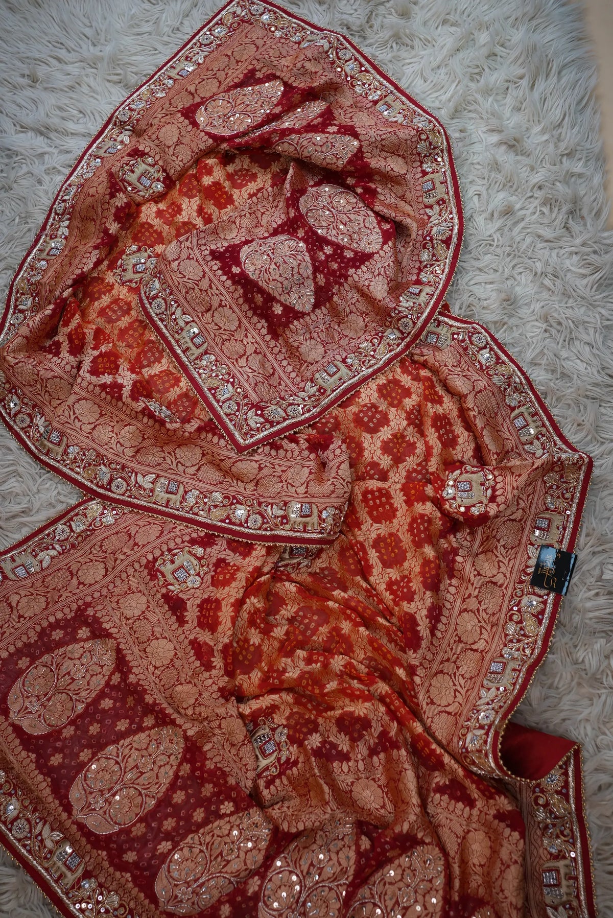 Pure Kaddi Georgette Rai Bandhej Dupatta With Kolkata Handwork & Elephant Motifs (PRE-BOOKING ITEM)