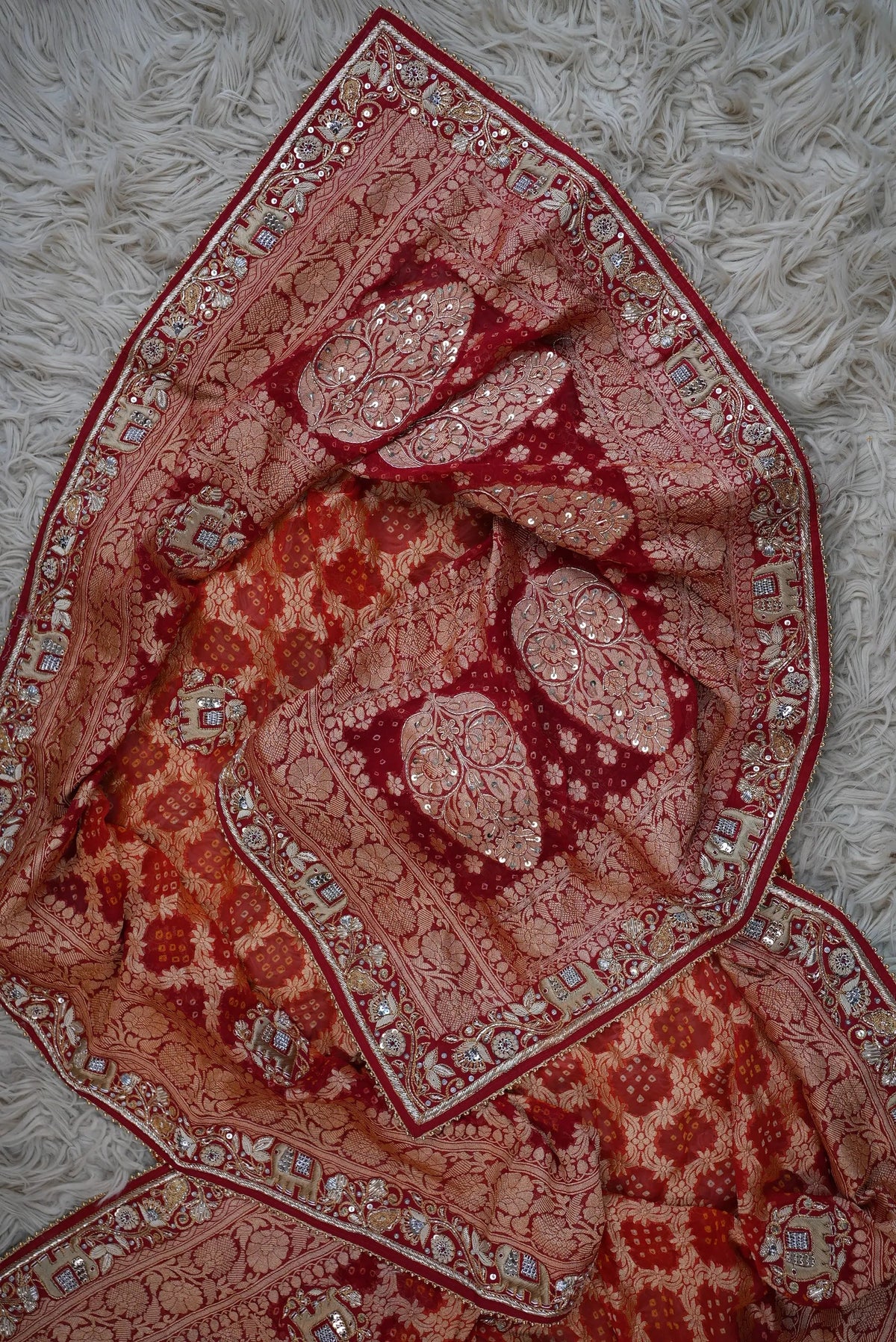 Pure Kaddi Georgette Rai Bandhej Dupatta With Kolkata Handwork & Elephant Motifs (PRE-BOOKING ITEM)