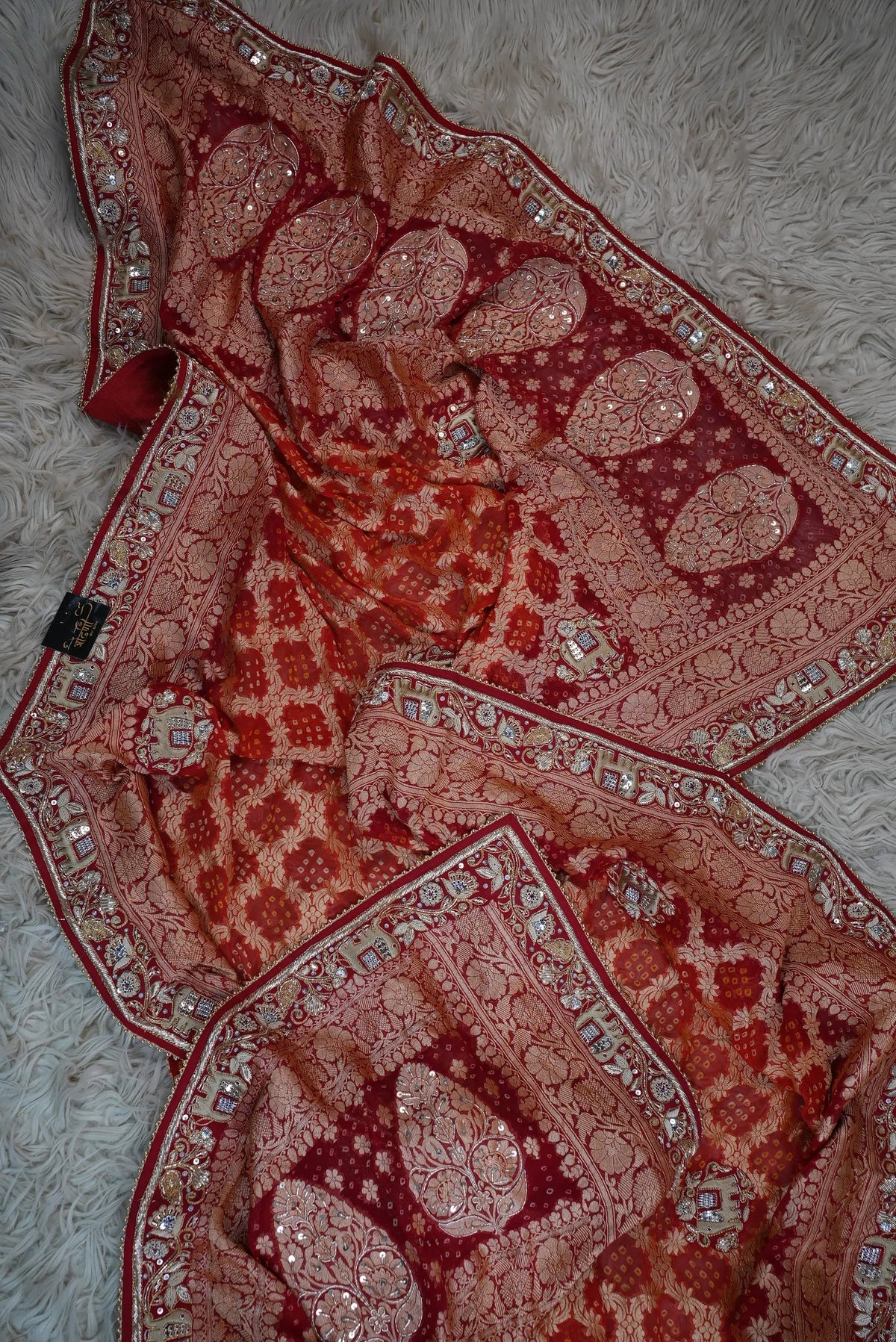 Pure Kaddi Georgette Rai Bandhej Dupatta With Kolkata Handwork & Elephant Motifs (PRE-BOOKING ITEM)