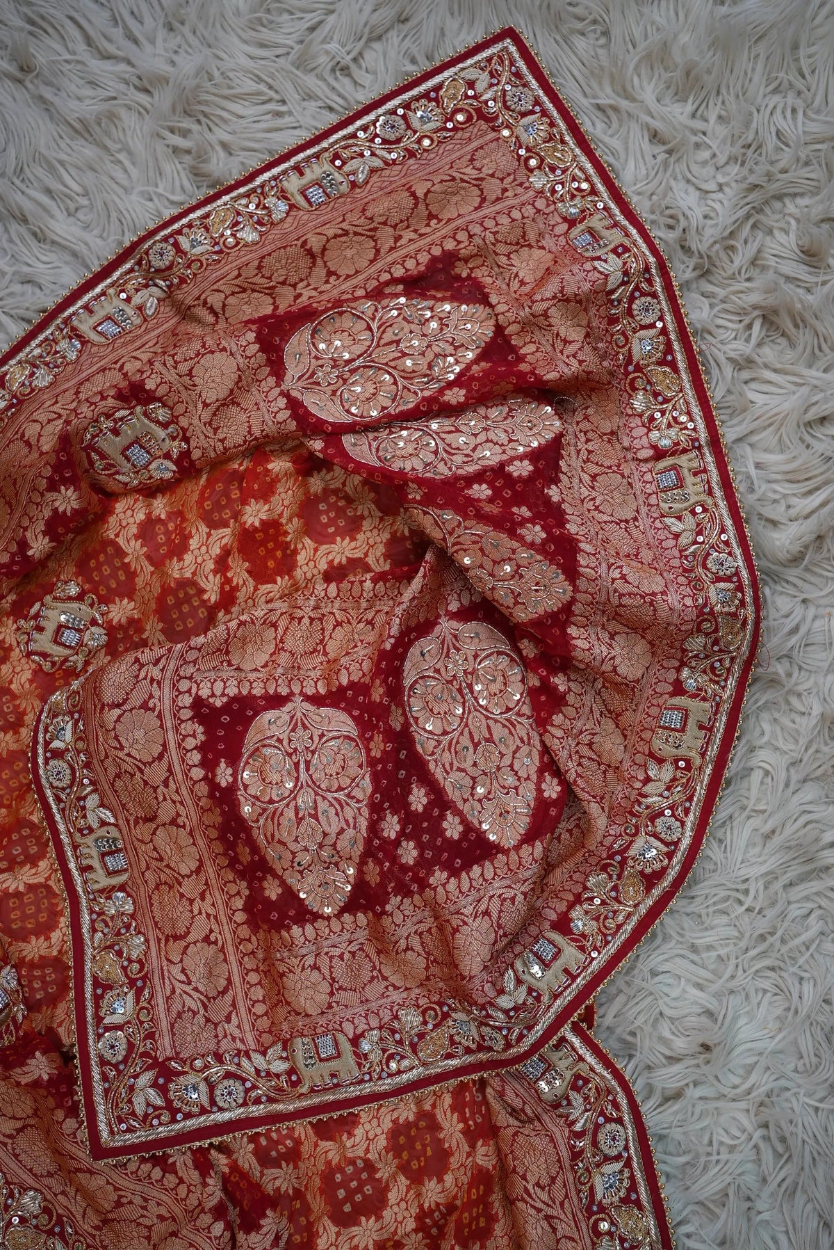 Pure Kaddi Georgette Rai Bandhej Dupatta With Kolkata Handwork & Elephant Motifs (PRE-BOOKING ITEM)