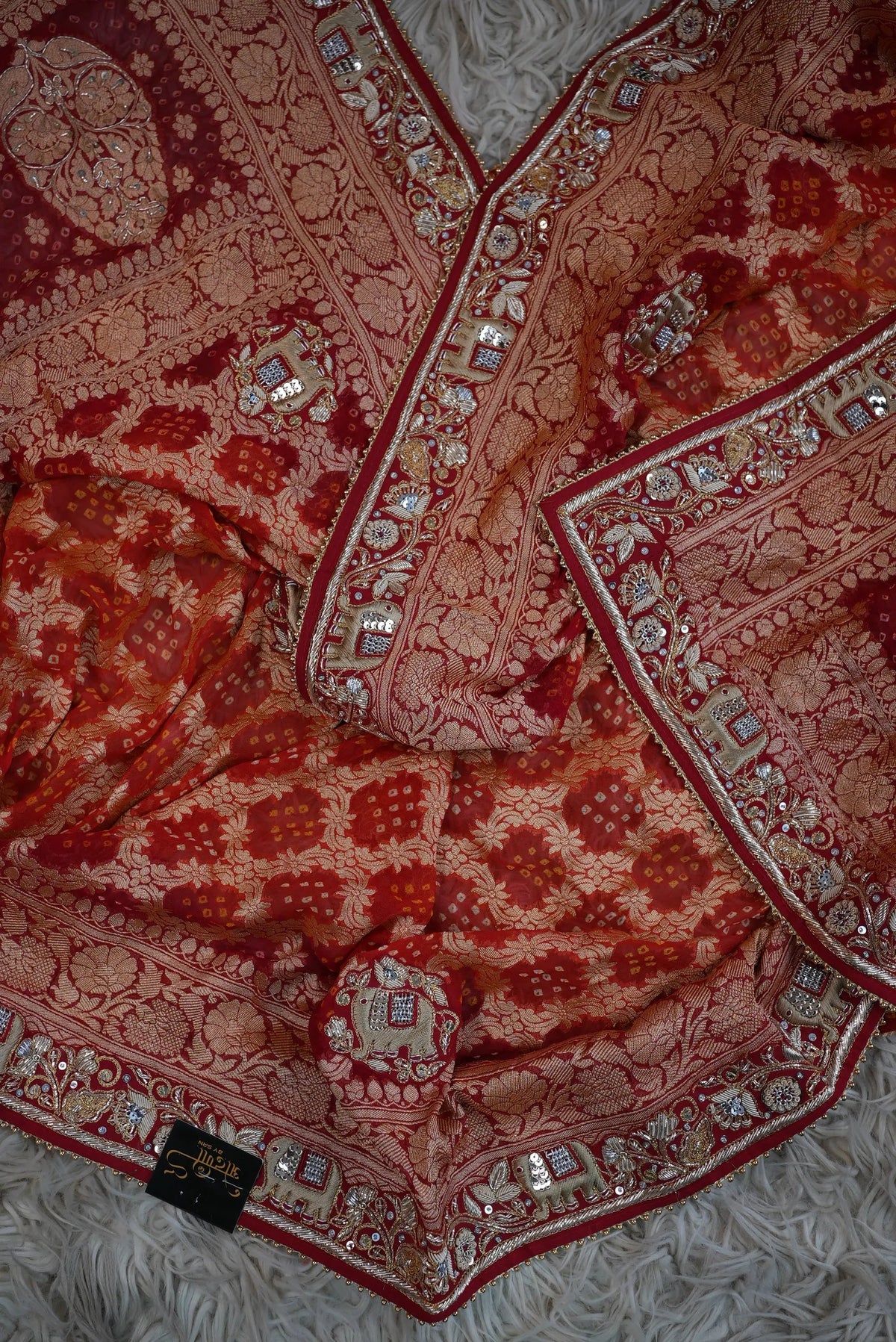 Pure Kaddi Georgette Rai Bandhej Dupatta With Kolkata Handwork & Elephant Motifs (PRE-BOOKING ITEM)