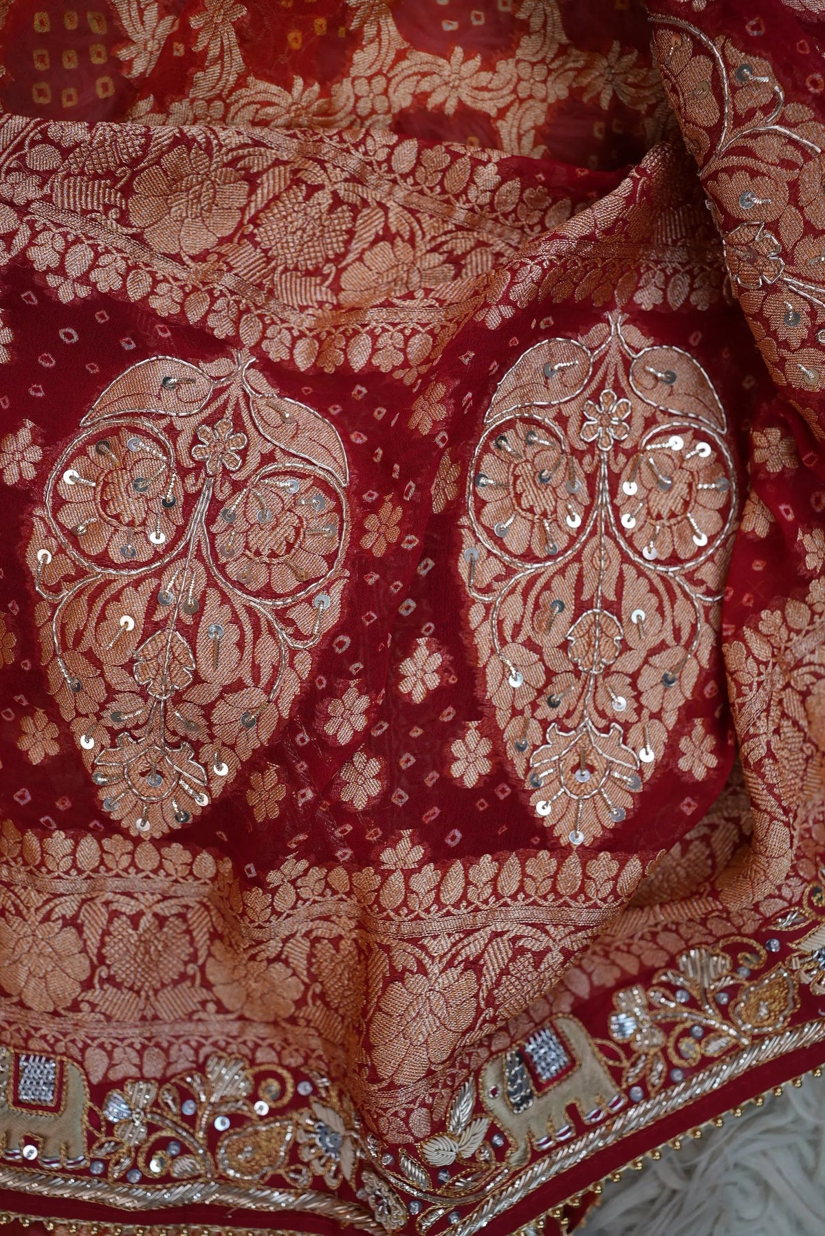 Pure Kaddi Georgette Rai Bandhej Dupatta With Kolkata Handwork & Elephant Motifs (PRE-BOOKING ITEM)
